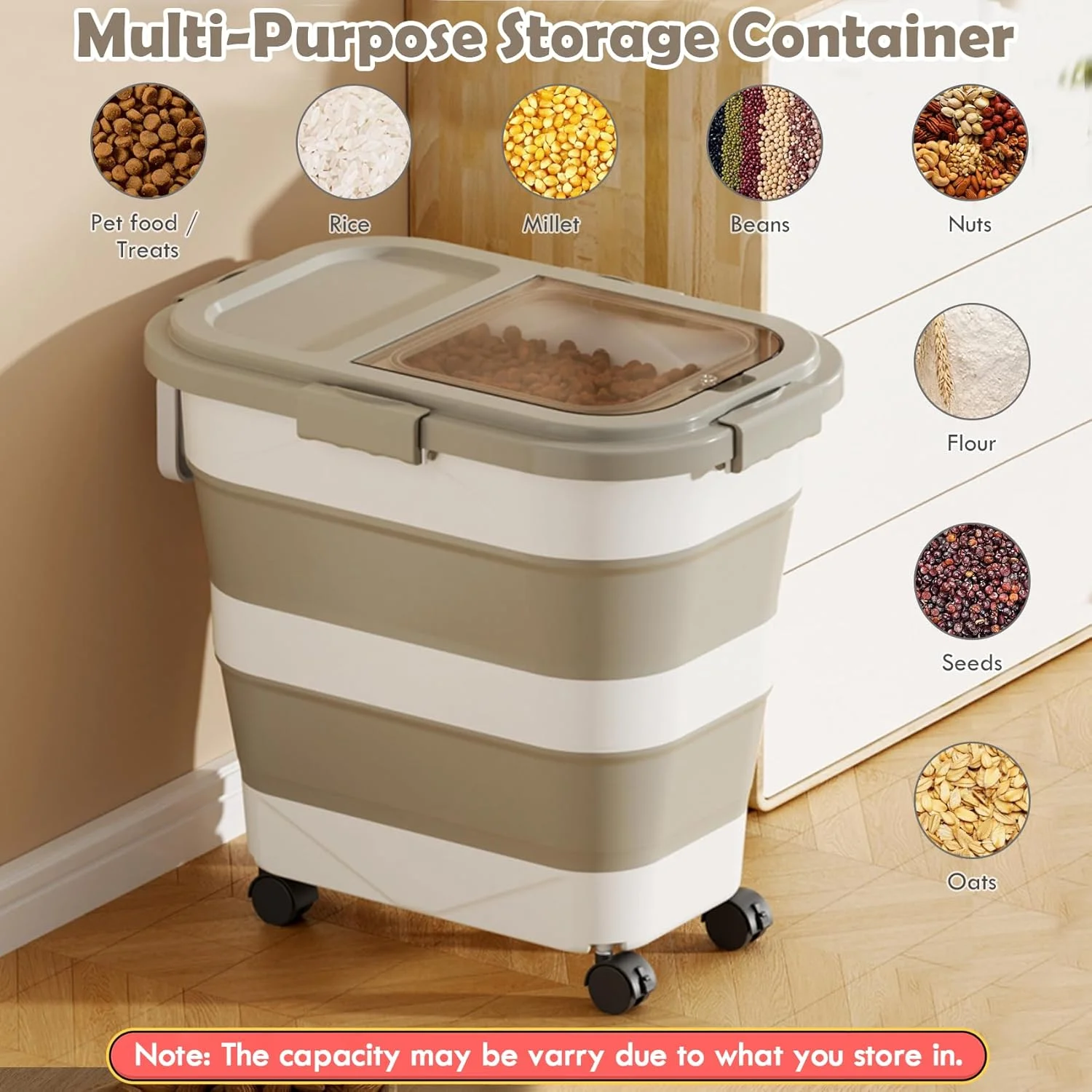 ظرف نگهداری غذای سگ 11 کیلویی، ظرف بزرگ تاشو غذای حیوانات خانگی و گربه با درب های محکم، چرخ، دسته، پیمانه و ظرف کوچک، سطل پخش کننده غذای خشک آشپزخانه برنج (خاکی) ظرف نگهداری غذای سگ 11 کیلویی، ظرف بزرگ تاشو غذای حیوانات خانگی و گربه با درب های محکم، چرخ، دسته، پیمانه و ظرف کوچک، سطل پخش کننده غذای خشک آشپزخانه برنج (خاکی)