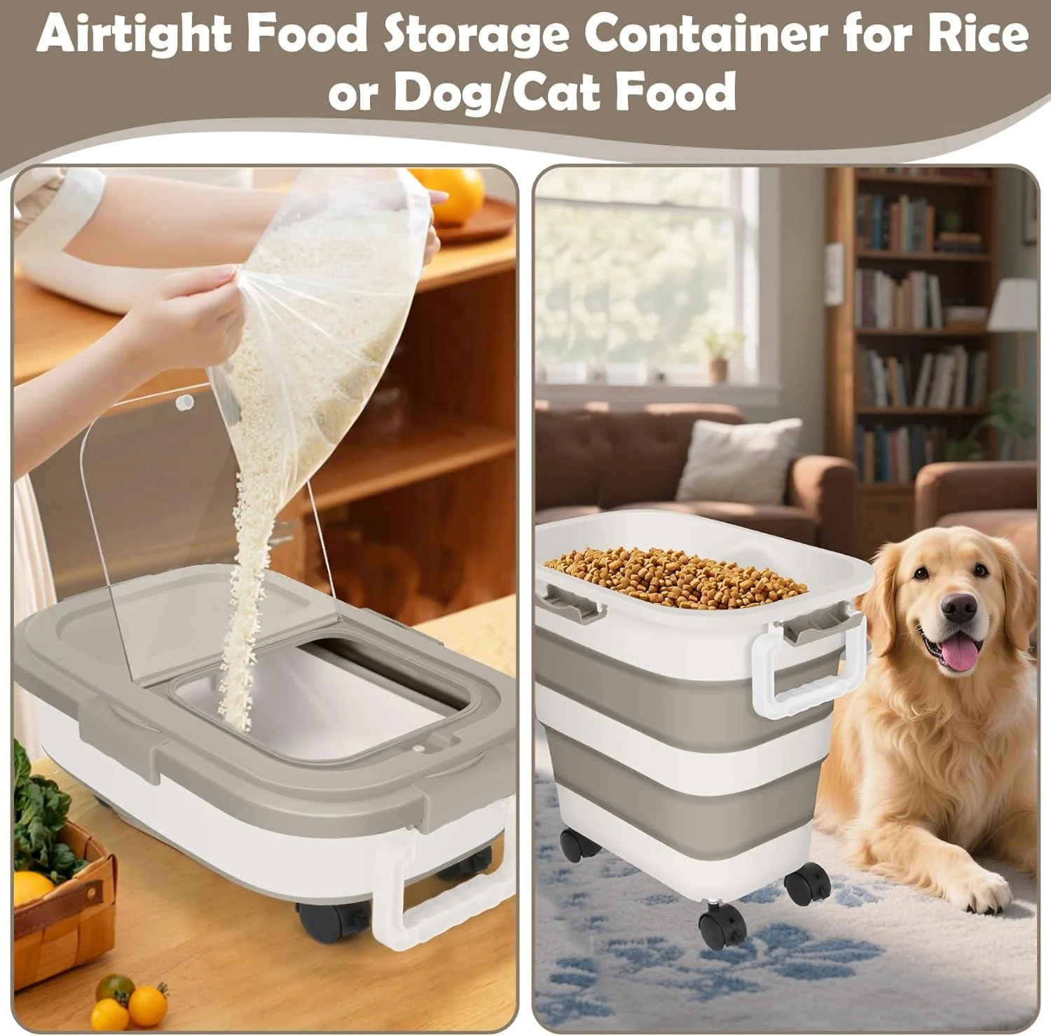 ظرف نگهداری غذای سگ 11 کیلویی، ظرف بزرگ تاشو غذای حیوانات خانگی و گربه با درب های محکم، چرخ، دسته، پیمانه و ظرف کوچک، سطل پخش کننده غذای خشک آشپزخانه برنج (خاکی) ظرف نگهداری غذای سگ 11 کیلویی، ظرف بزرگ تاشو غذای حیوانات خانگی و گربه با درب های محکم، چرخ، دسته، پیمانه و ظرف کوچک، سطل پخش کننده غذای خشک آشپزخانه برنج (خاکی)