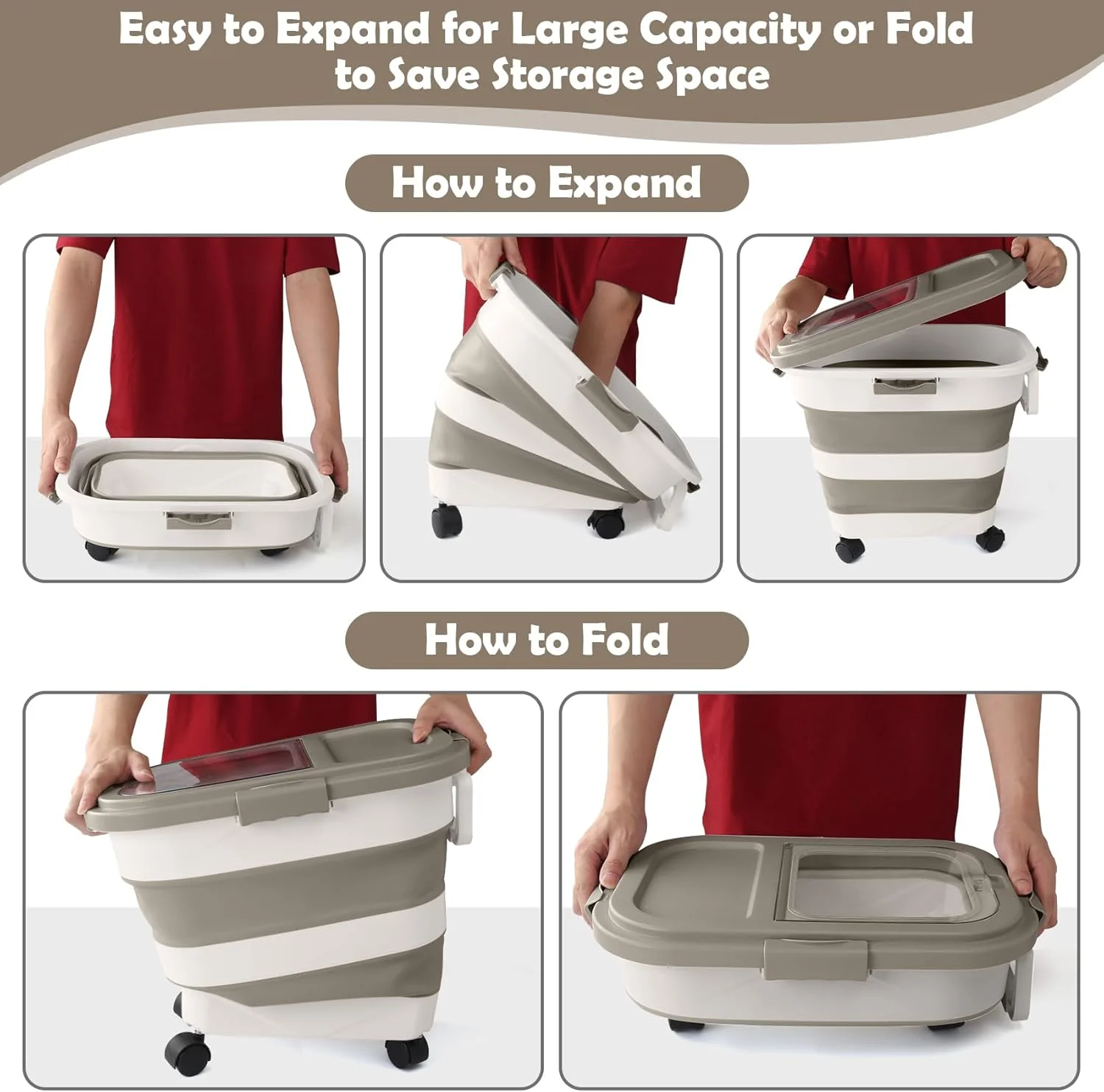 ظرف نگهداری غذای سگ 11 کیلویی، ظرف بزرگ تاشو غذای حیوانات خانگی و گربه با درب های محکم، چرخ، دسته، پیمانه و ظرف کوچک، سطل پخش کننده غذای خشک آشپزخانه برنج (خاکی) ظرف نگهداری غذای سگ 11 کیلویی، ظرف بزرگ تاشو غذای حیوانات خانگی و گربه با درب های محکم، چرخ، دسته، پیمانه و ظرف کوچک، سطل پخش کننده غذای خشک آشپزخانه برنج (خاکی)