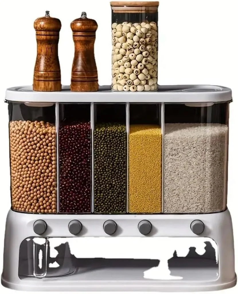 ظرف نگهدارنده مواد غذایی خشک چند محفظه ای، مخزن ذخیره غلات، برنج و حبوبات 5 قسمتی با پیمانه اندازه گیری - سازمان دهنده آشپزخانه با قابلیت نگهداری هوا ظرف نگهدارنده مواد غذایی خشک چند محفظه ای، مخزن ذخیره غلات، برنج و حبوبات 5 قسمتی با پیمانه اندازه گیری - سازمان دهنده آشپزخانه با قابلیت نگهداری هوا