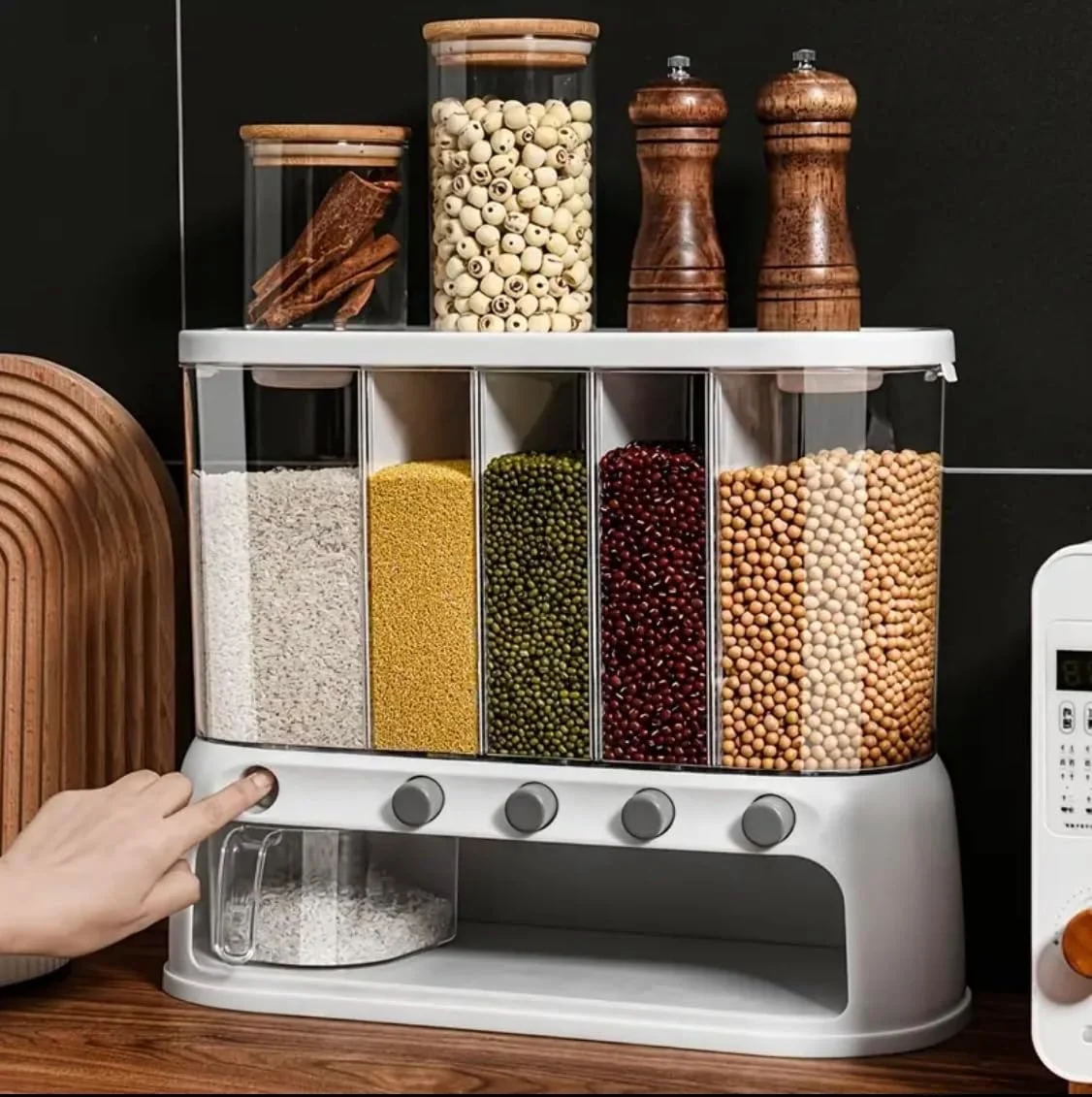 ظرف نگهدارنده مواد غذایی خشک چند محفظه ای، مخزن ذخیره غلات، برنج و حبوبات 5 قسمتی با پیمانه اندازه گیری - سازمان دهنده آشپزخانه با قابلیت نگهداری هوا ظرف نگهدارنده مواد غذایی خشک چند محفظه ای، مخزن ذخیره غلات، برنج و حبوبات 5 قسمتی با پیمانه اندازه گیری - سازمان دهنده آشپزخانه با قابلیت نگهداری هوا