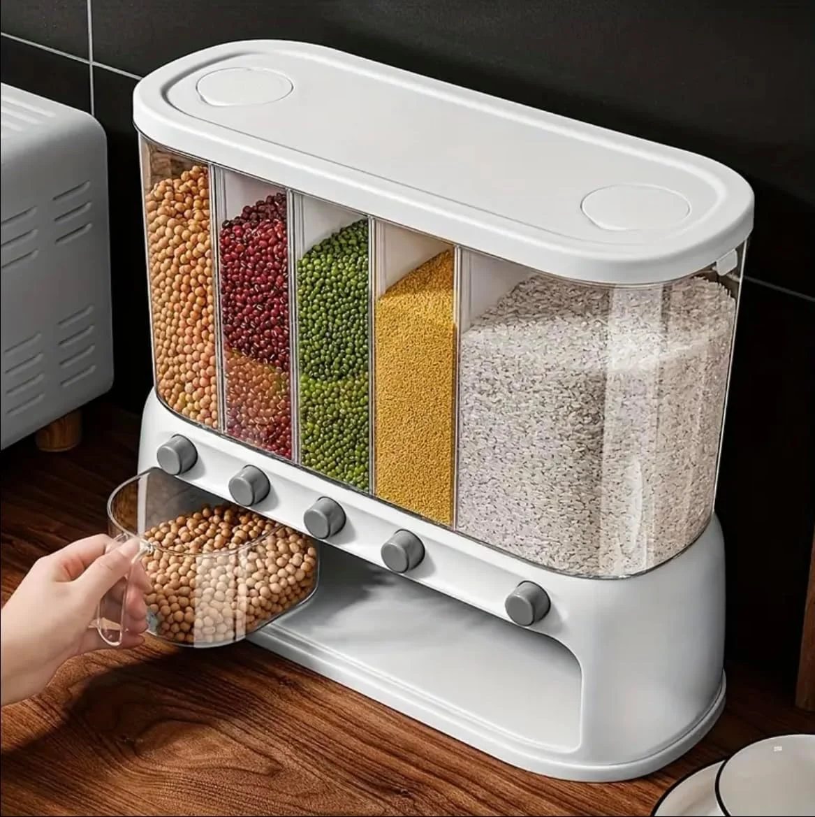 ظرف نگهدارنده مواد غذایی خشک چند محفظه ای، مخزن ذخیره غلات، برنج و حبوبات 5 قسمتی با پیمانه اندازه گیری - سازمان دهنده آشپزخانه با قابلیت نگهداری هوا ظرف نگهدارنده مواد غذایی خشک چند محفظه ای، مخزن ذخیره غلات، برنج و حبوبات 5 قسمتی با پیمانه اندازه گیری - سازمان دهنده آشپزخانه با قابلیت نگهداری هوا