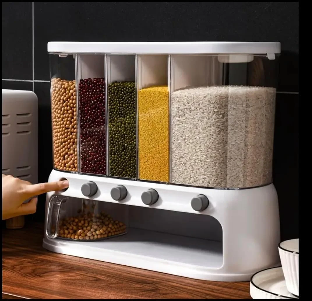 ظرف نگهدارنده مواد غذایی خشک چند محفظه ای، مخزن ذخیره غلات، برنج و حبوبات 5 قسمتی با پیمانه اندازه گیری - سازمان دهنده آشپزخانه با قابلیت نگهداری هوا ظرف نگهدارنده مواد غذایی خشک چند محفظه ای، مخزن ذخیره غلات، برنج و حبوبات 5 قسمتی با پیمانه اندازه گیری - سازمان دهنده آشپزخانه با قابلیت نگهداری هوا