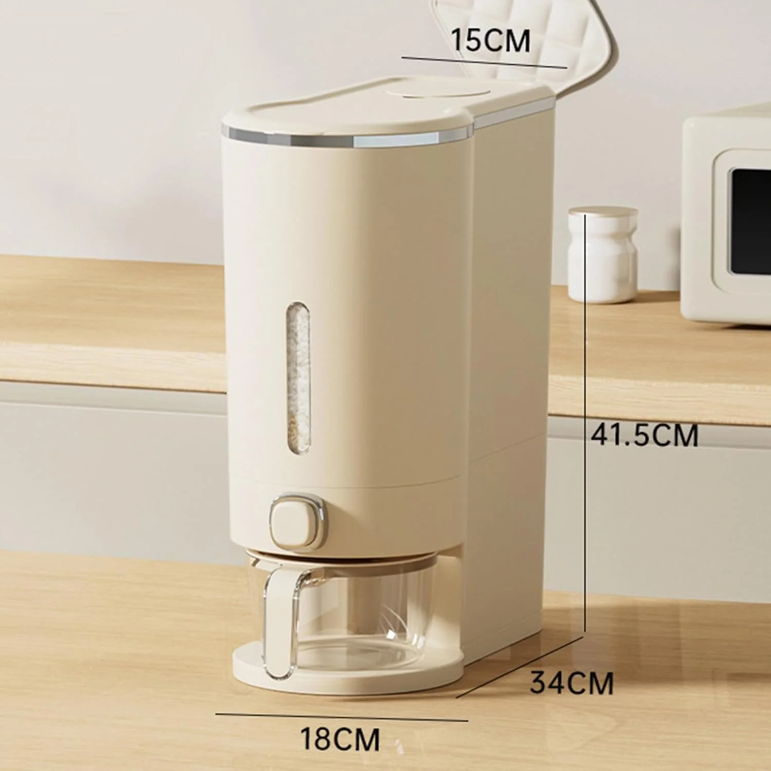 ظرف نگهداری برنج، ظرف ذخیره سازی برنج 10 کیلوگرمی با پیمانه اندازه گیری، ظروف نگهداری مواد غذایی خشک و غلات درب دار برای سازماندهی آشپزخانه منزل، مناسب برای سویا و ذرت (سفید کرمی)