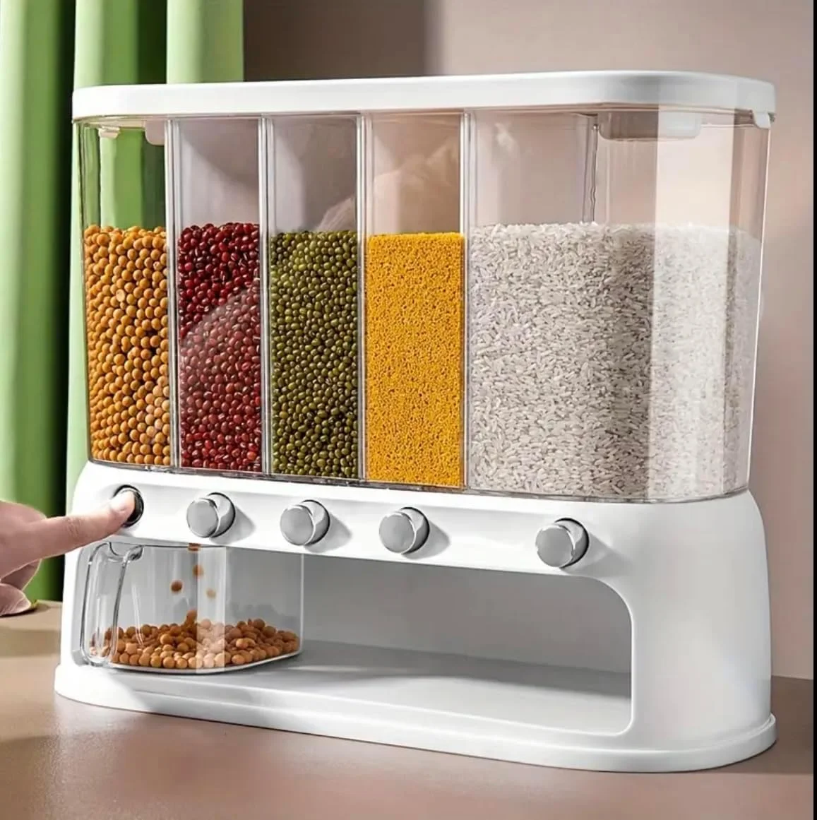 ظرف نگهدارنده مواد غذایی خشک چند محفظه ای، مخزن ذخیره غلات، برنج و حبوبات 5 قسمتی با پیمانه اندازه گیری - سازمان دهنده آشپزخانه با قابلیت نگهداری هوا ظرف نگهدارنده مواد غذایی خشک چند محفظه ای، مخزن ذخیره غلات، برنج و حبوبات 5 قسمتی با پیمانه اندازه گیری - سازمان دهنده آشپزخانه با قابلیت نگهداری هوا