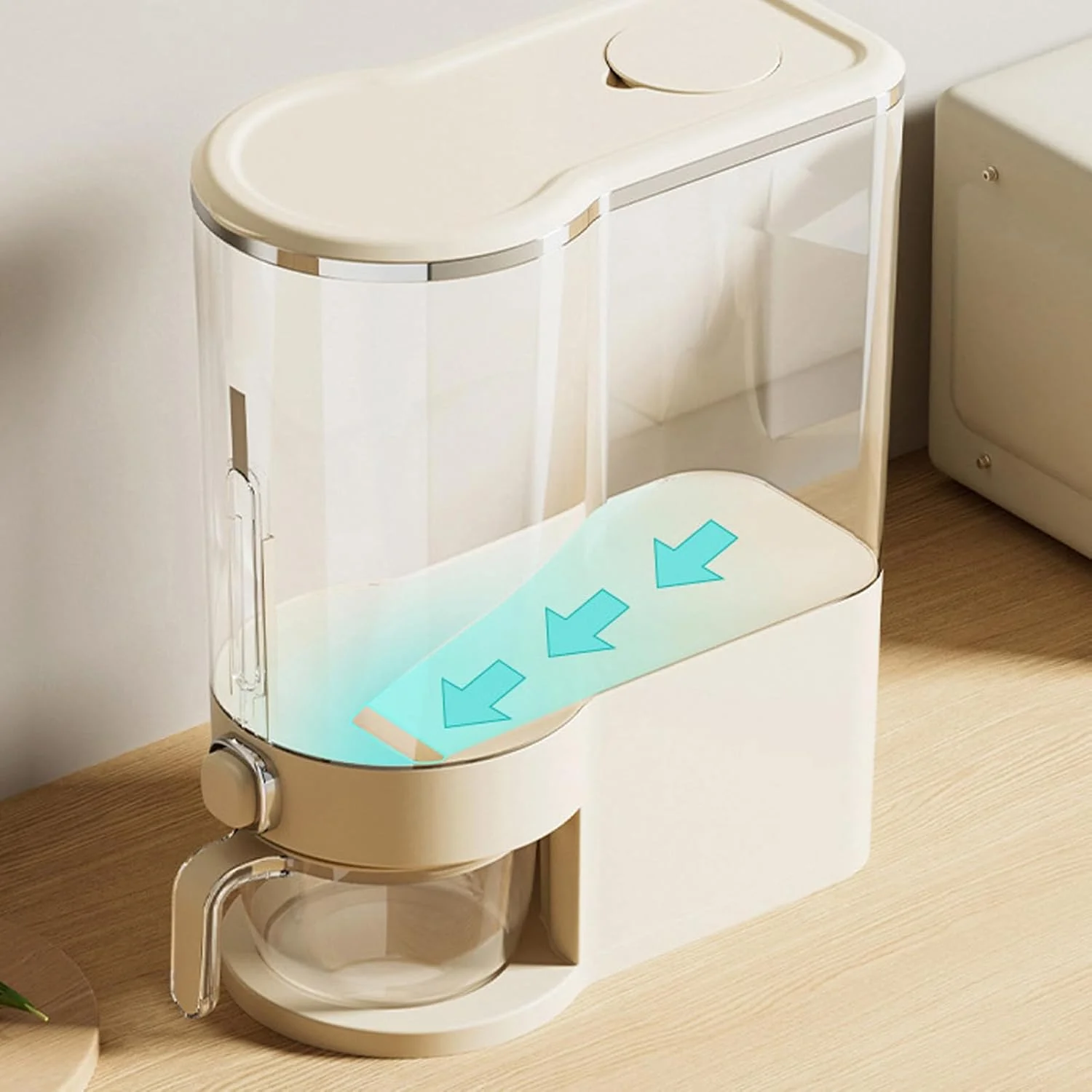 ظرف نگهداری برنج، ظرف ذخیره سازی برنج 10 کیلوگرمی با پیمانه اندازه گیری، ظروف نگهداری مواد غذایی خشک و غلات درب دار برای سازماندهی آشپزخانه منزل، مناسب برای سویا و ذرت (سفید کرمی)