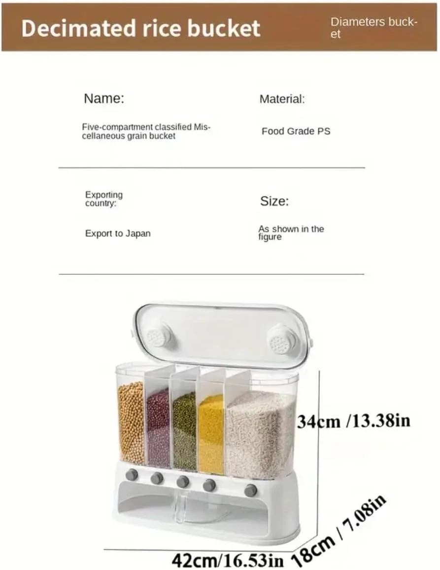 ظرف نگهدارنده مواد غذایی خشک چند محفظه ای، مخزن ذخیره غلات، برنج و حبوبات 5 قسمتی با پیمانه اندازه گیری - سازمان دهنده آشپزخانه با قابلیت نگهداری هوا ظرف نگهدارنده مواد غذایی خشک چند محفظه ای، مخزن ذخیره غلات، برنج و حبوبات 5 قسمتی با پیمانه اندازه گیری - سازمان دهنده آشپزخانه با قابلیت نگهداری هوا