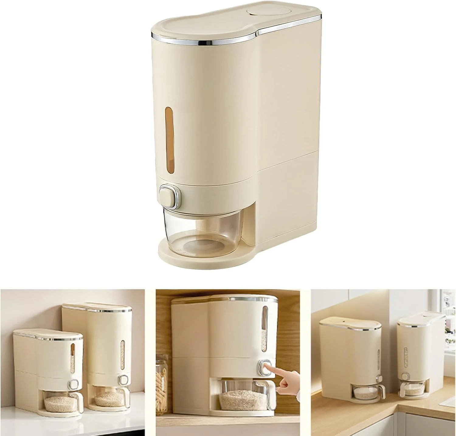 ظرف نگهداری برنج، ظرف ذخیره سازی برنج 10 کیلوگرمی با پیمانه اندازه گیری، ظروف نگهداری مواد غذایی خشک و غلات درب دار برای سازماندهی آشپزخانه منزل، مناسب برای سویا و ذرت (سفید کرمی)