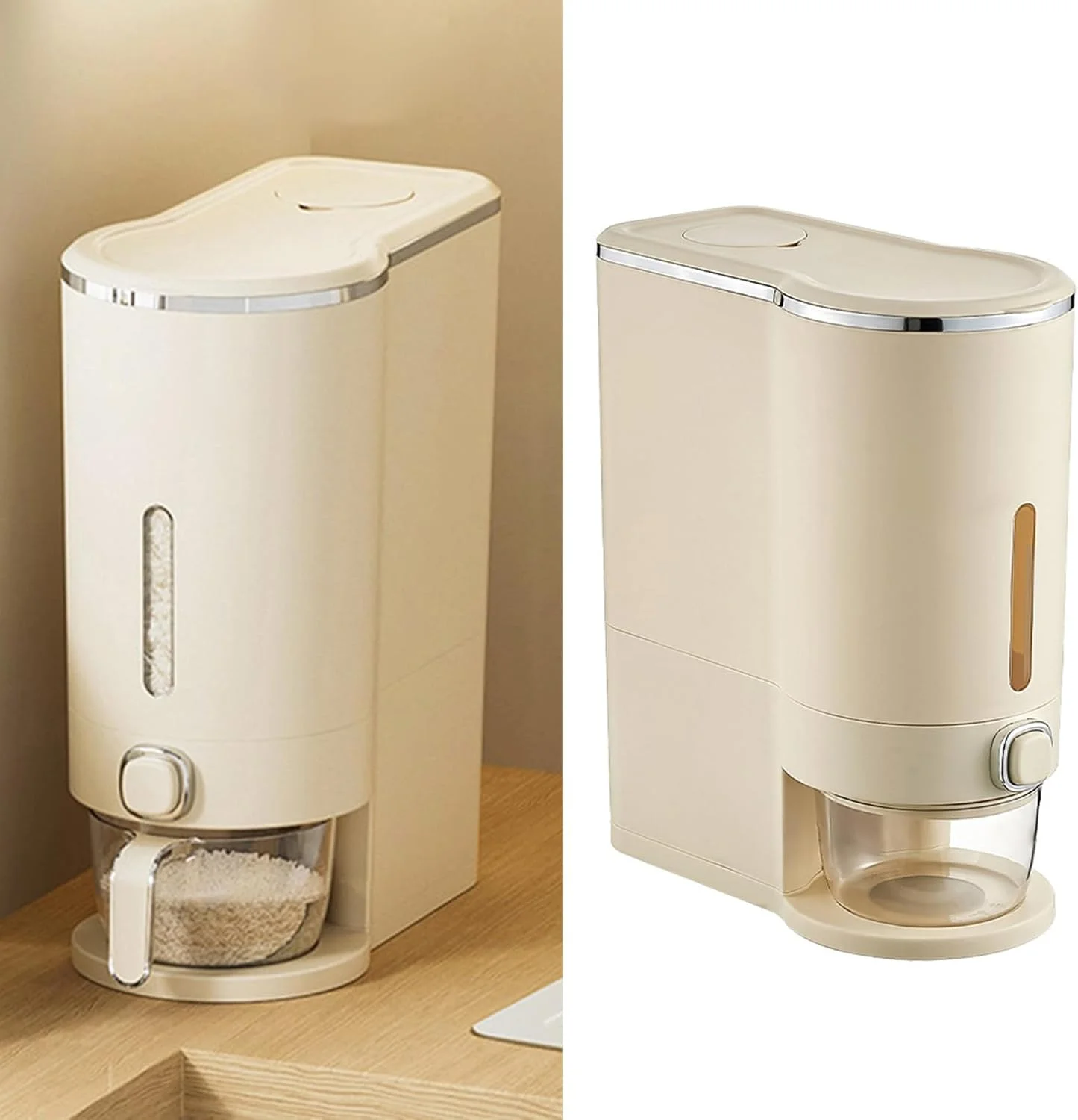 ظرف نگهداری برنج، ظرف ذخیره سازی برنج 10 کیلوگرمی با پیمانه اندازه گیری، ظروف نگهداری مواد غذایی خشک و غلات درب دار برای سازماندهی آشپزخانه منزل، مناسب برای سویا و ذرت (سفید کرمی)