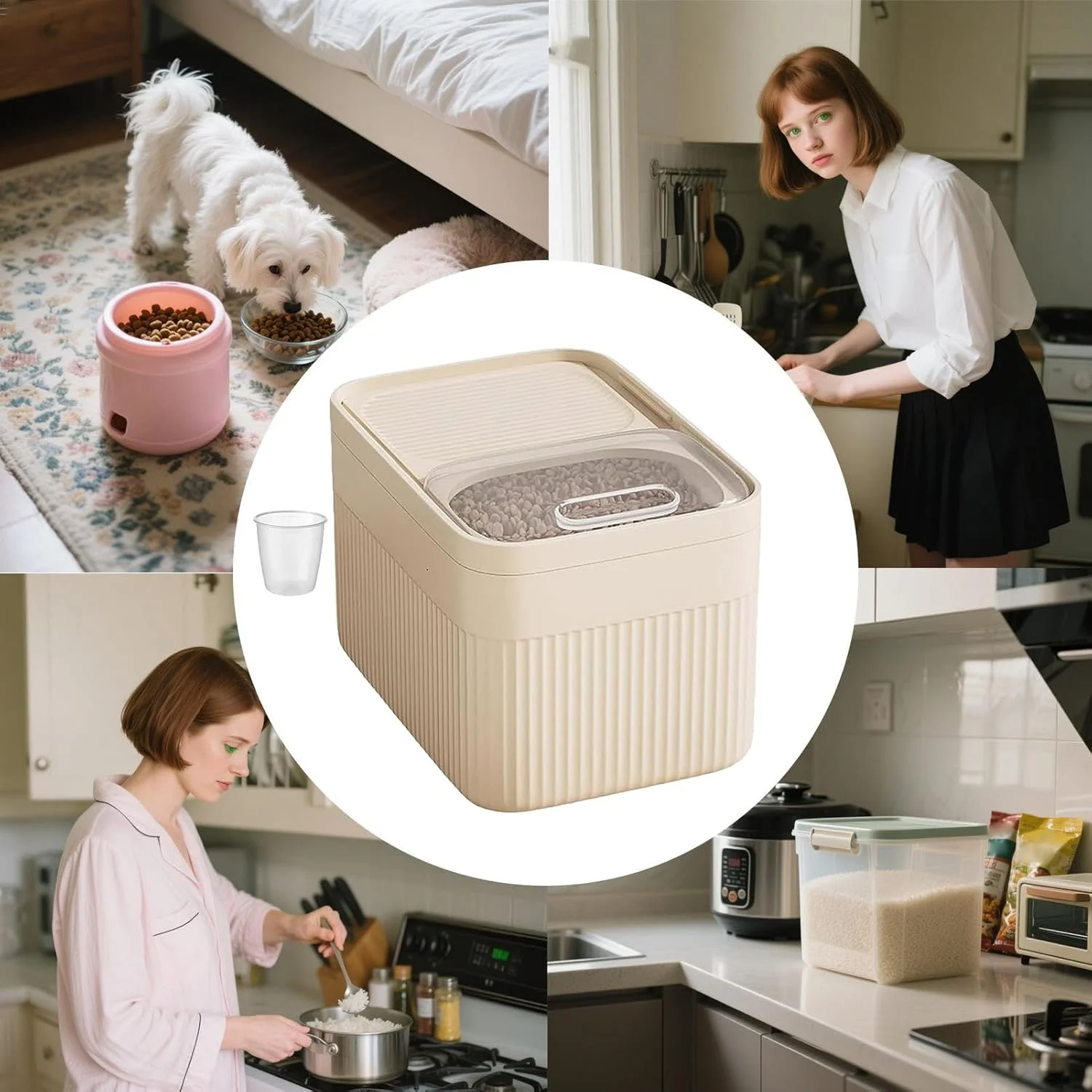 Rice Storage Container - Dustproof Airtight Food Organizer Box With Measuring Cup | Dishwasher-Safe Rice Containers for Cereal Pet Food Flour Snack Grain