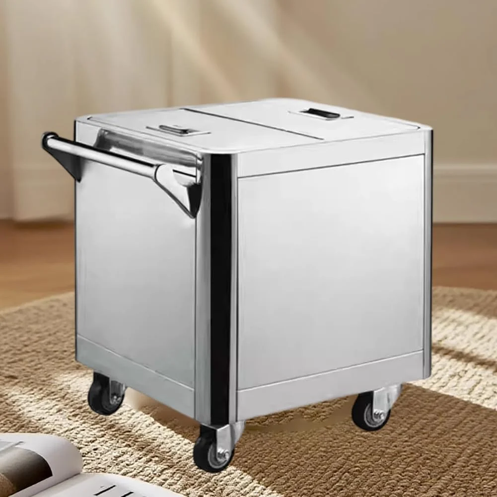 ظرف برنج استیل ضد زنگ قابل حمل TT-YEF با درب، 4 چرخ جهانی، ظرف نگهداری مواد غذایی با ظرفیت 25/50 کیلوگرم، بشکه آرد بزرگ مستقل، ظرف غلات سنگین، 25 کیلوگرم با پارتیشن