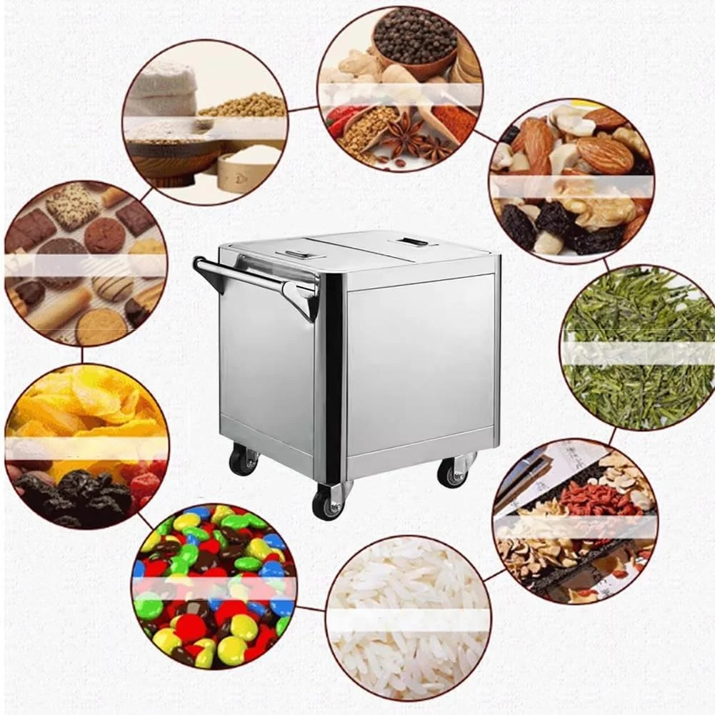 ظرف برنج استیل ضد زنگ قابل حمل TT-YEF با درب، 4 چرخ جهانی، ظرف نگهداری مواد غذایی با ظرفیت 25/50 کیلوگرم، بشکه آرد بزرگ مستقل، ظرف غلات سنگین، 25 کیلوگرم با پارتیشن