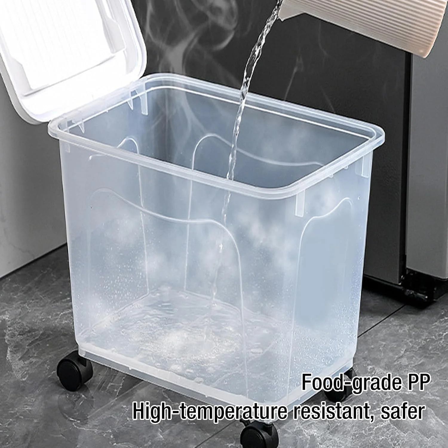 ظرف برنج عمومی، ظرف نگهداری برنج با ظرفیت 30 کیلوگرم با طراحی درب محکم، 4 چرخ برای نگهداری آرد و مواد غذایی خشک، غذای بزرگ، غذای حیوانات خانگی