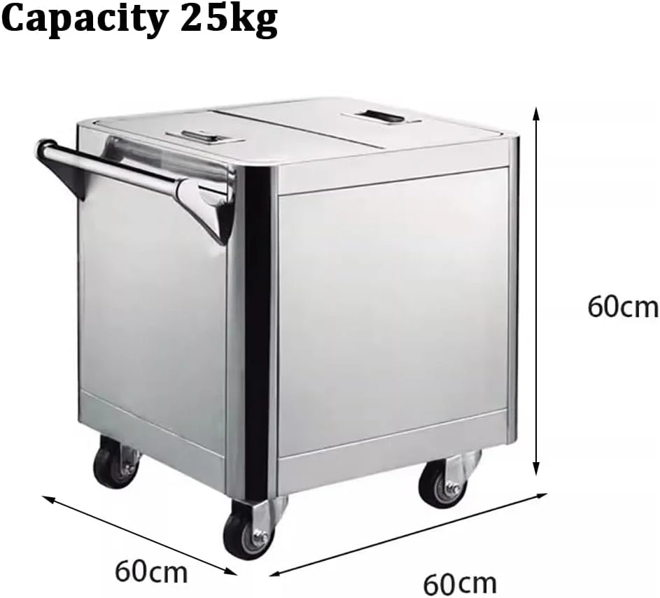 ظرف برنج استیل ضد زنگ قابل حمل TT-YEF با درب، 4 چرخ جهانی، ظرف نگهداری مواد غذایی با ظرفیت 25/50 کیلوگرم، بشکه آرد بزرگ مستقل، ظرف غلات سنگین، 25 کیلوگرم با پارتیشن
