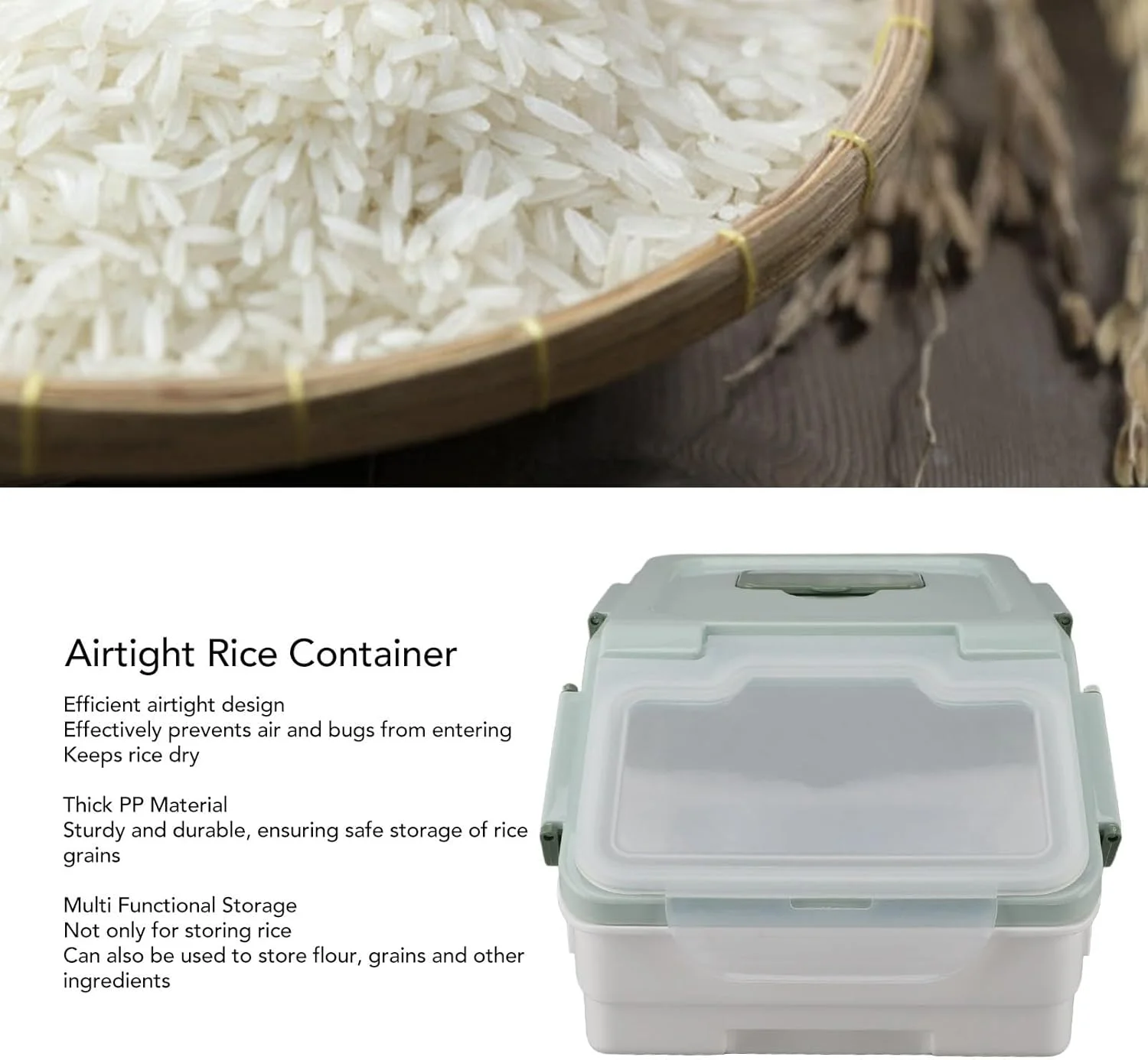 Depisuta Airtight Rice Container, Studry Thickened PP Material Bin for Rice Flour Grains, Easy Open, Close Lid, Mint Green with Measuring Cup (5kg / 11lb)