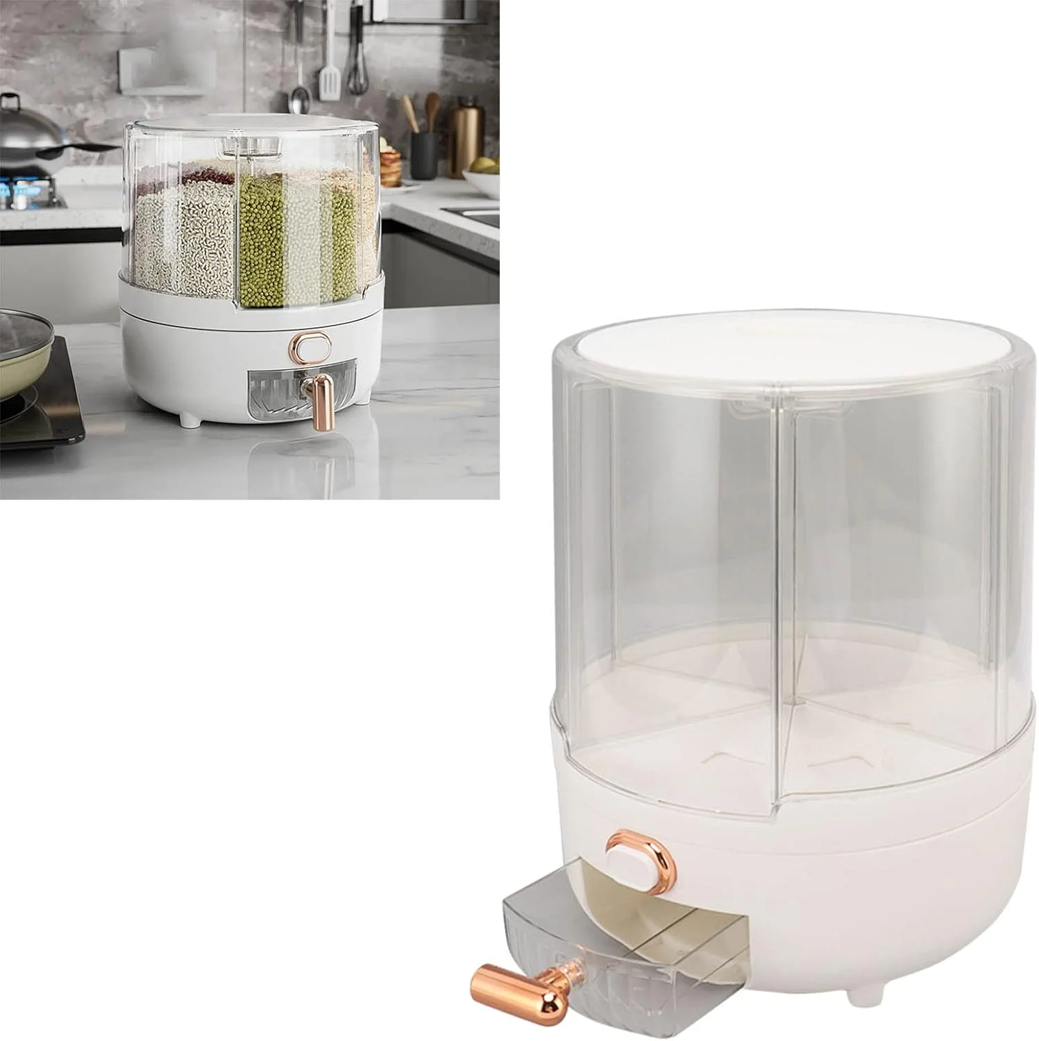 Asixxsix Dry Food Dispenser, 6 Compartment 360° Rotating Rice Grain Storage Container with Lid Moisture Resistant Airtight Kitchen Storage Container for Small Grains, Beans, Rice (1000ml)