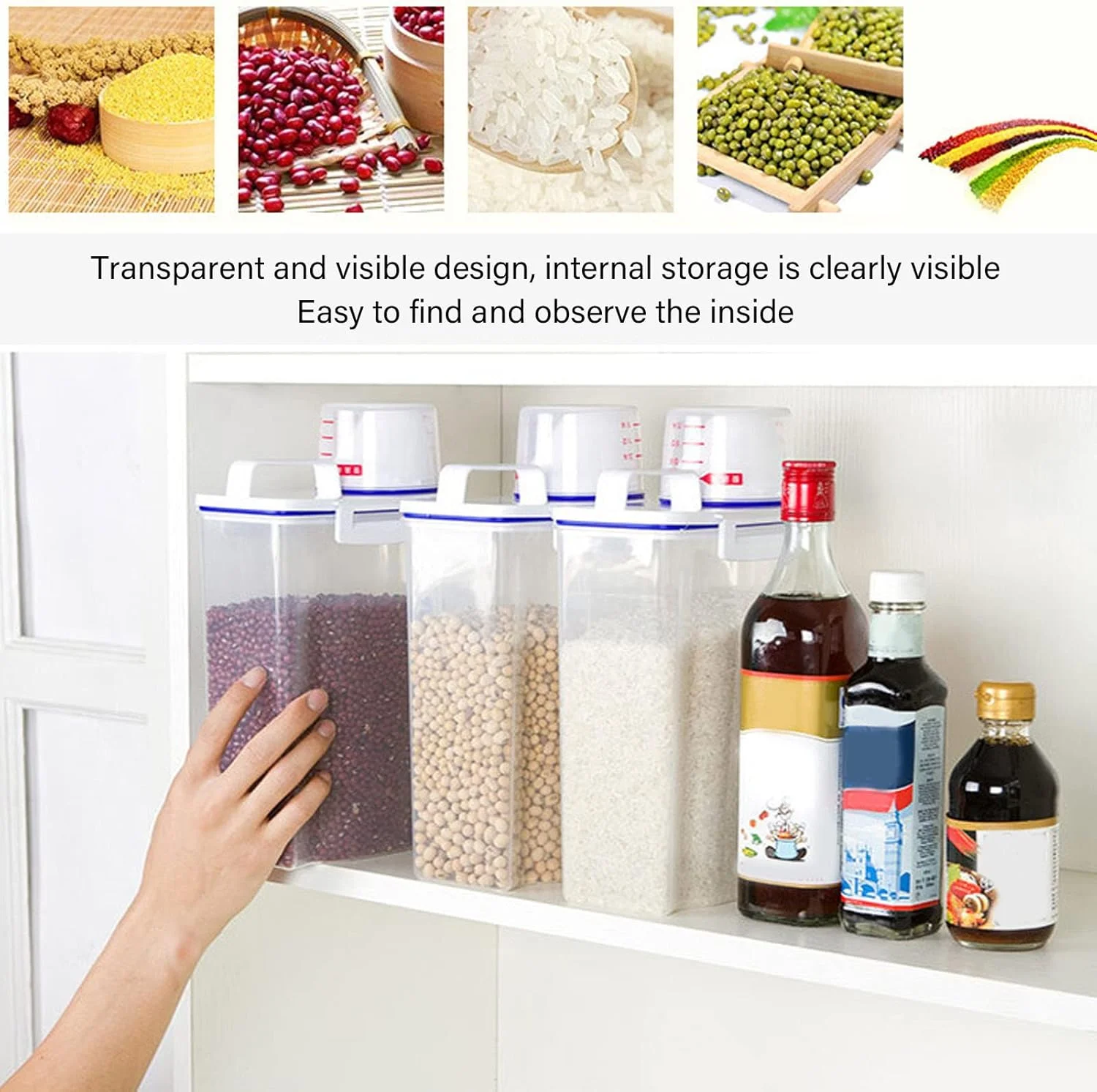 Fockety 2pcs Airtight Rice Storage Container, Plastic Cereal Container Storage Bin with Pourable Spout, Measuring Cup for Cereal, Flour, Sugar, Clear Organization for Kitchen and Pantry