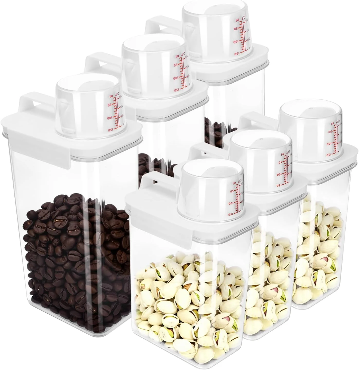 ظرف نگهداری برنج EUBUY، 6 عدد، 1800 میلی لیتر + 2300 میلی لیتر، سطل غلات و مواد غذایی خشک با درب خروجی و پیمانه، ظرف پلاستیکی شفاف آشپزخانه برای نگهداری غلات، جو دوسر، تنقلات و غذای سگ