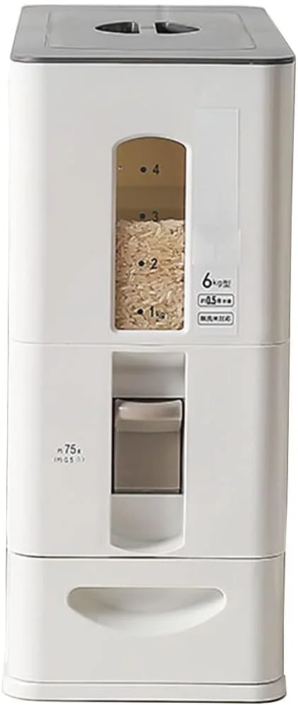 ظرف نگهداری غذا، پخش کننده برنج دکمه ای، ظرف ذخیره سازی خشک فله ای، سطل برنج پلاستیکی، جعبه نگهداری برنج، پخش کننده غلات مهر و موم شده بزرگ (اندازه: 34 * 15 * 35 سانتی متر)