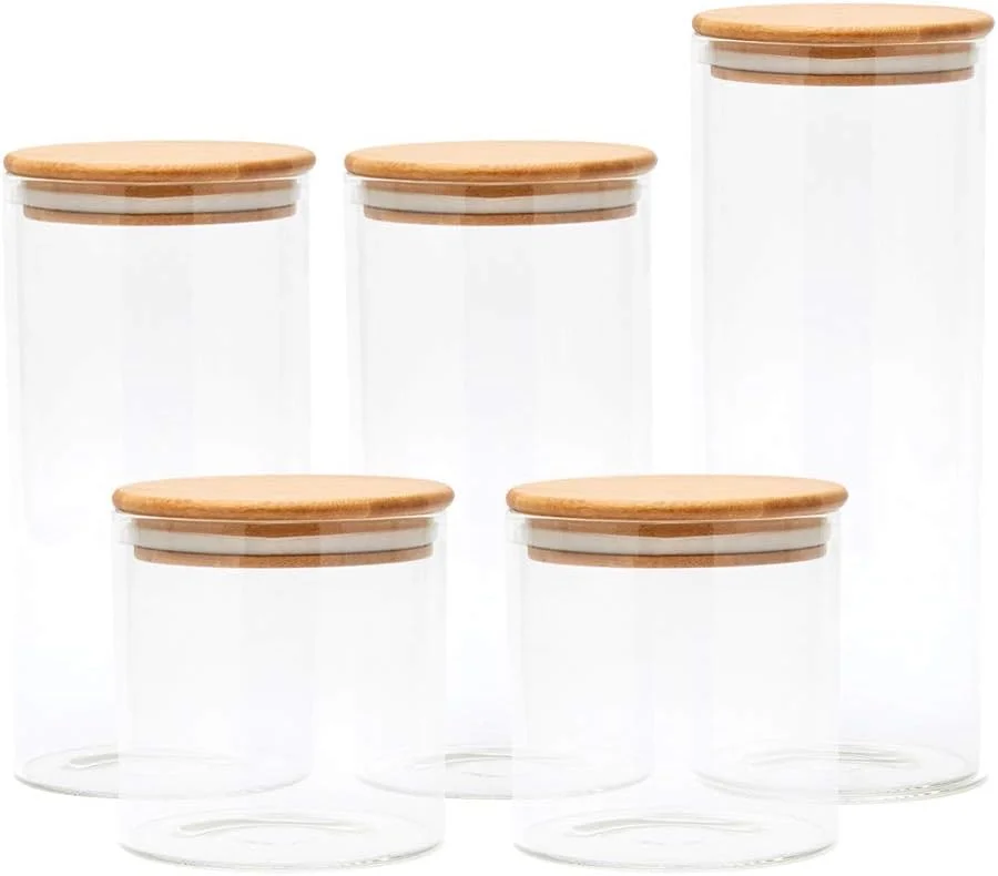 ست 5 تکه ظروف شیشه ای شفاف EZOWare با درب بامبو طبیعی، ظروف نگهداری مواد غذایی آشپزخانه برای آبنبات، کلوچه، برنج، شکر، آرد، پاستا - 600 میلی لیتر / 1400 میلی لیتر / 2100 میلی لیتر