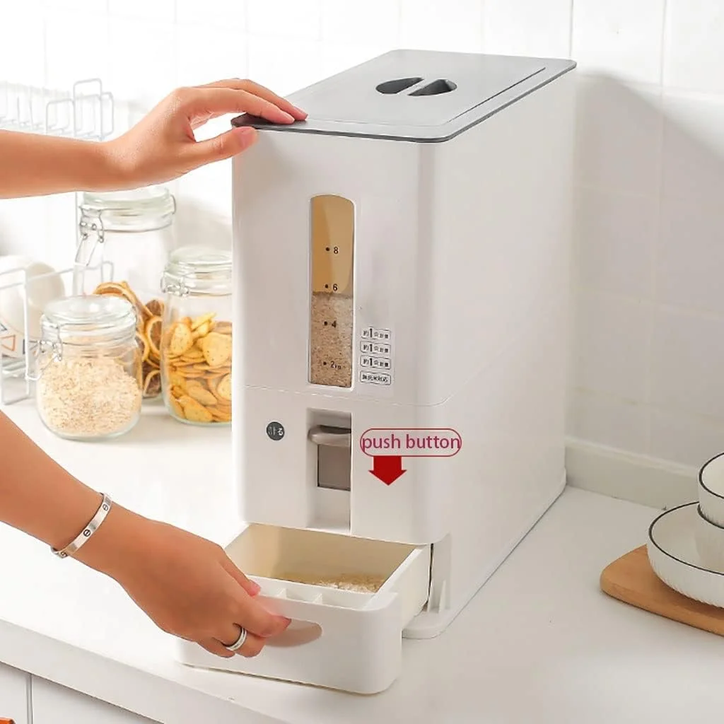 ظرف نگهداری مواد غذایی، پخش کننده برنج با دکمه فشاری، مخزن خشک فله ای، سطل برنج پلاستیکی، جعبه نگهداری برنج، پخش کننده غلات بزرگ و مهر و موم شده (اندازه: 34 * 15 * 35 سانتی متر)