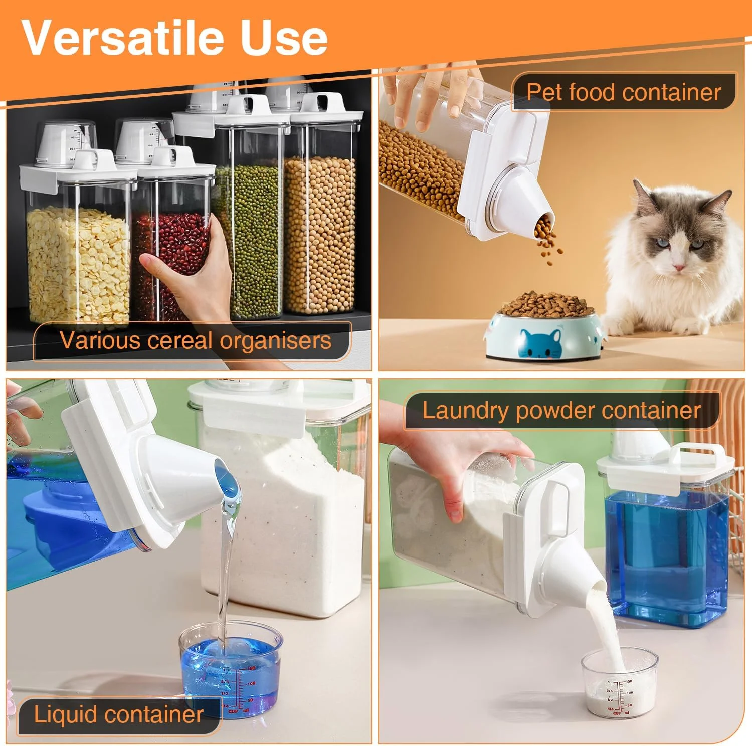 ظرف نگهداری برنج EUBUY، 6 عدد، 1800 میلی لیتر + 2300 میلی لیتر، سطل غلات و مواد غذایی خشک با درب خروجی و پیمانه، ظرف پلاستیکی شفاف آشپزخانه برای نگهداری غلات، جو دوسر، تنقلات و غذای سگ