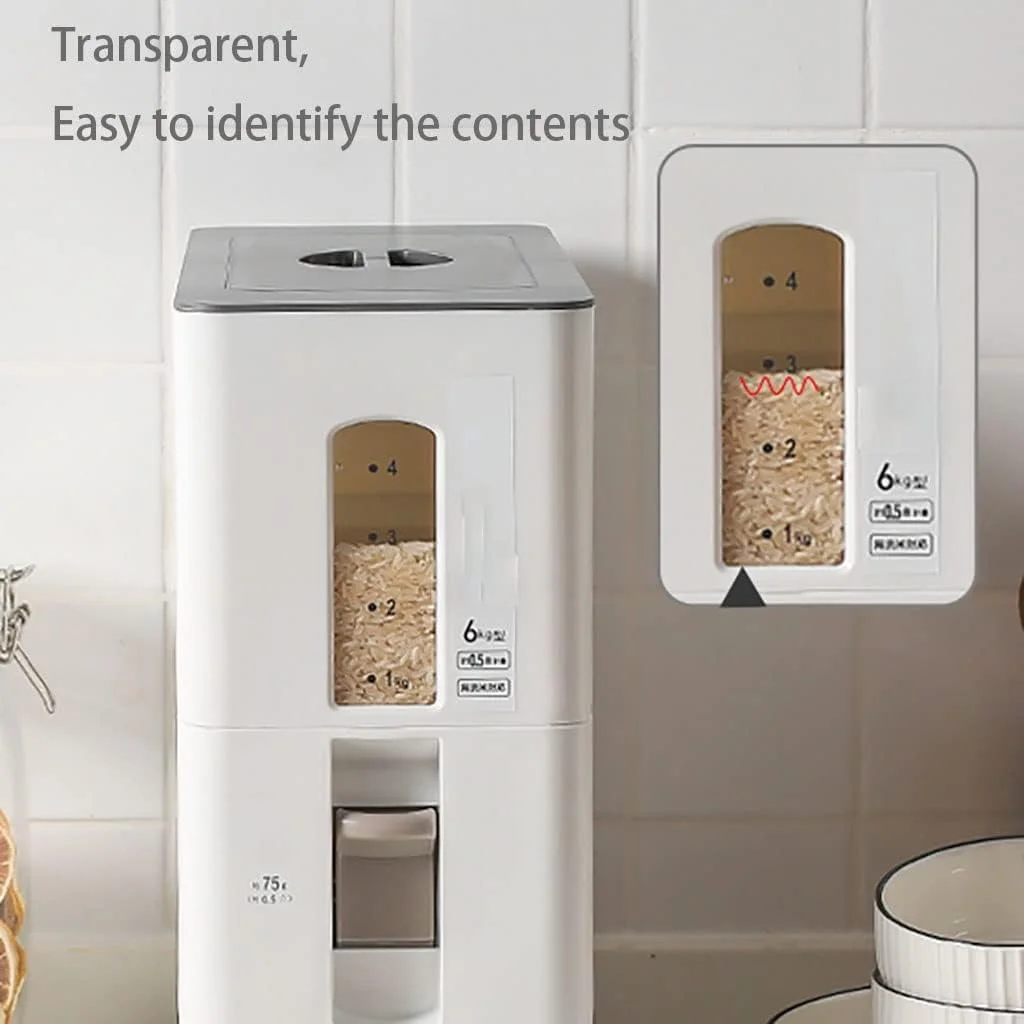 ظرف نگهداری مواد غذایی، پخش کننده برنج با دکمه فشاری، مخزن خشک فله ای، سطل برنج پلاستیکی، جعبه نگهداری برنج، پخش کننده غلات بزرگ و مهر و موم شده (اندازه: 34 * 15 * 35 سانتی متر)