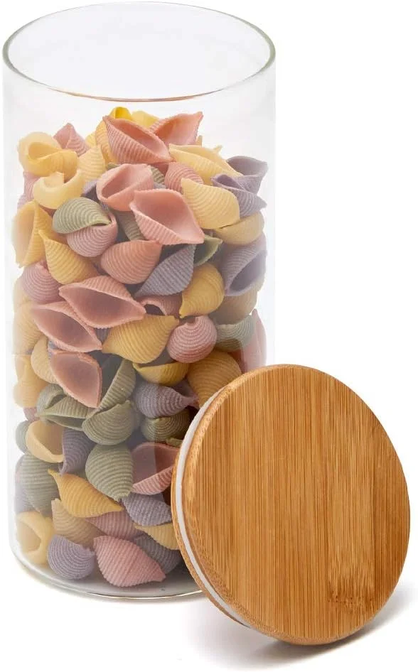 ست 5 تکه ظروف شیشه ای شفاف EZOWare با درب بامبو طبیعی، ظروف نگهداری مواد غذایی آشپزخانه برای آبنبات، کلوچه، برنج، شکر، آرد، پاستا - 600 میلی لیتر / 1400 میلی لیتر / 2100 میلی لیتر