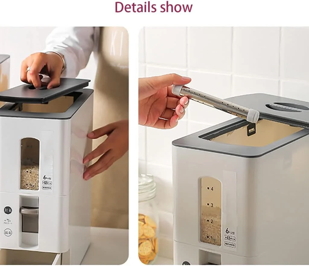 ظرف نگهداری مواد غذایی، پخش کننده برنج با دکمه فشاری، مخزن خشک فله ای، سطل برنج پلاستیکی، جعبه نگهداری برنج، پخش کننده غلات بزرگ و مهر و موم شده (اندازه: 34 * 15 * 35 سانتی متر)