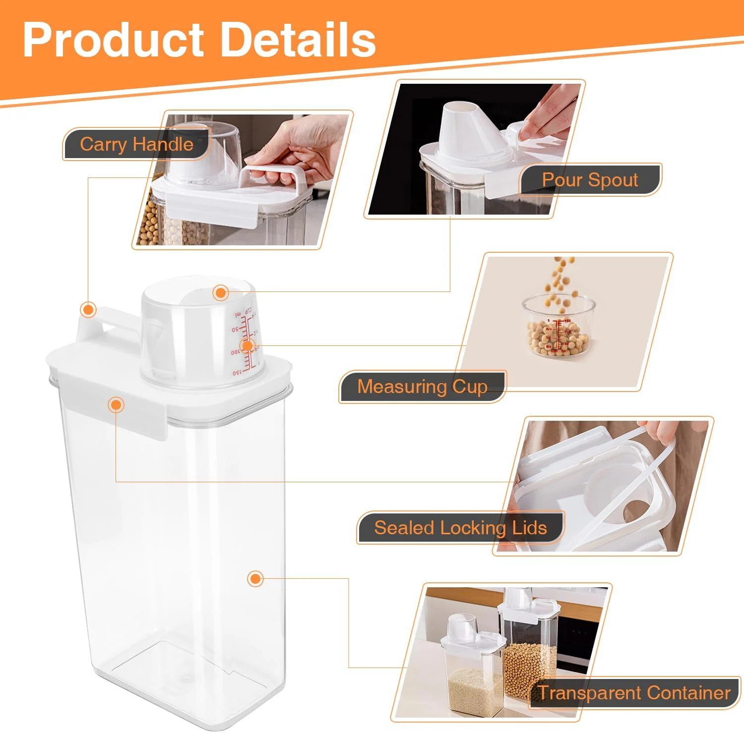 ظرف نگهداری برنج EUBUY، 6 عدد، 1800 میلی لیتر + 2300 میلی لیتر، سطل غلات و مواد غذایی خشک با درب خروجی و پیمانه، ظرف پلاستیکی شفاف آشپزخانه برای نگهداری غلات، جو دوسر، تنقلات و غذای سگ