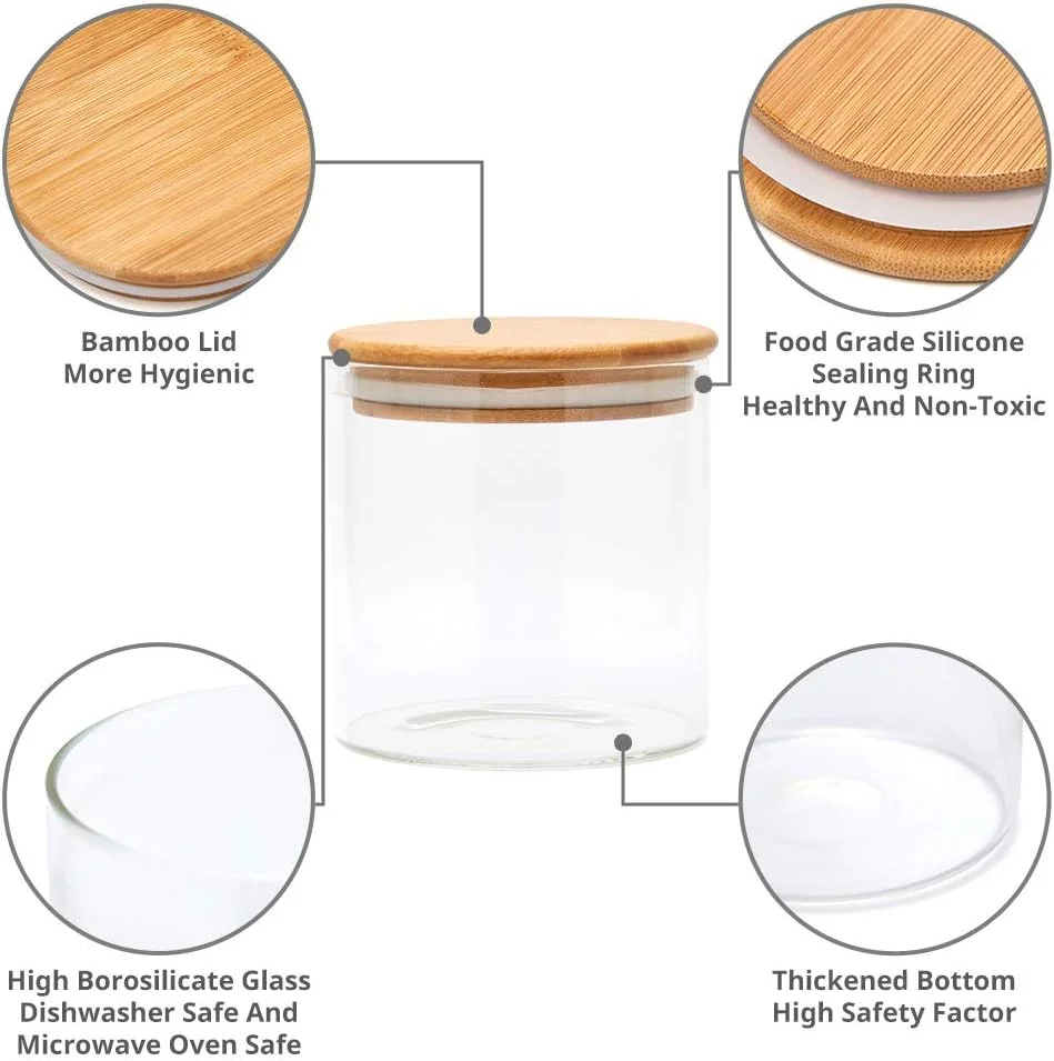 ست 5 تکه ظروف شیشه ای شفاف EZOWare با درب بامبو طبیعی، ظروف نگهداری مواد غذایی آشپزخانه برای آبنبات، کلوچه، برنج، شکر، آرد، پاستا - 600 میلی لیتر / 1400 میلی لیتر / 2100 میلی لیتر