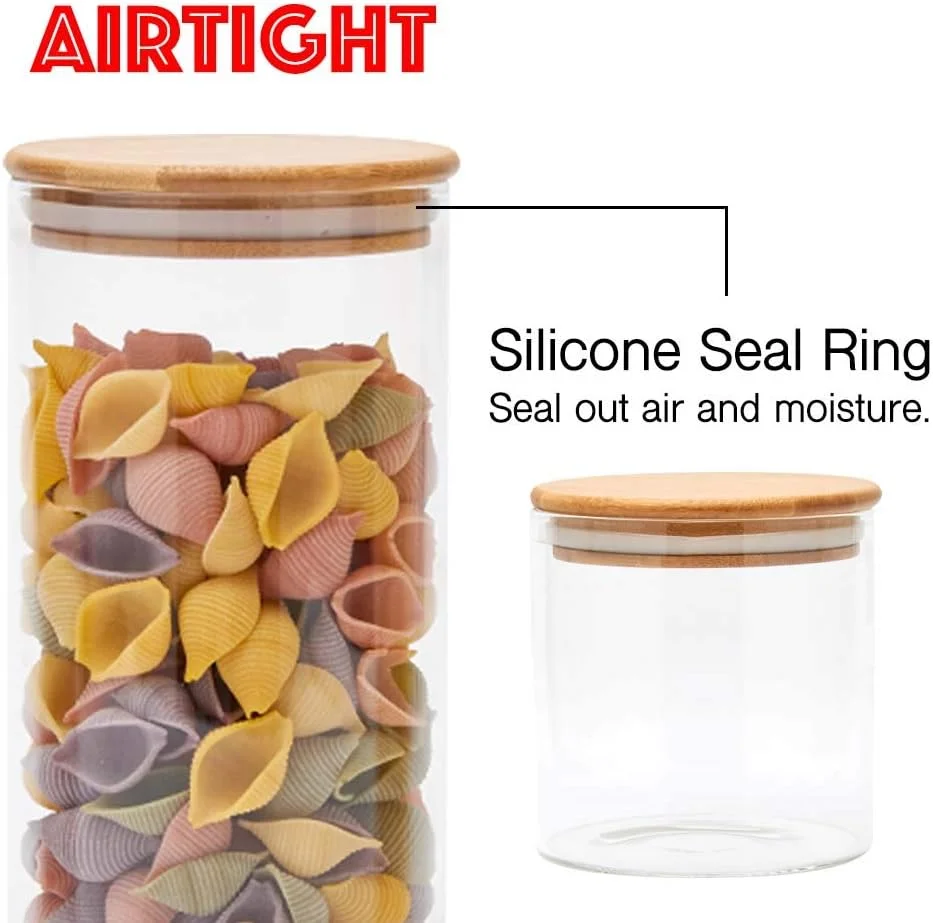 ست 5 تکه ظروف شیشه ای شفاف EZOWare با درب بامبو طبیعی، ظروف نگهداری مواد غذایی آشپزخانه برای آبنبات، کلوچه، برنج، شکر، آرد، پاستا - 600 میلی لیتر / 1400 میلی لیتر / 2100 میلی لیتر