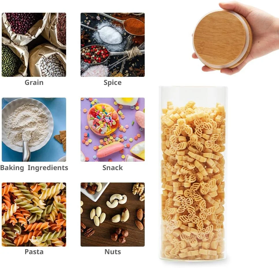 ست 5 تکه ظروف شیشه ای شفاف EZOWare با درب بامبو طبیعی، ظروف نگهداری مواد غذایی آشپزخانه برای آبنبات، کلوچه، برنج، شکر، آرد، پاستا - 600 میلی لیتر / 1400 میلی لیتر / 2100 میلی لیتر