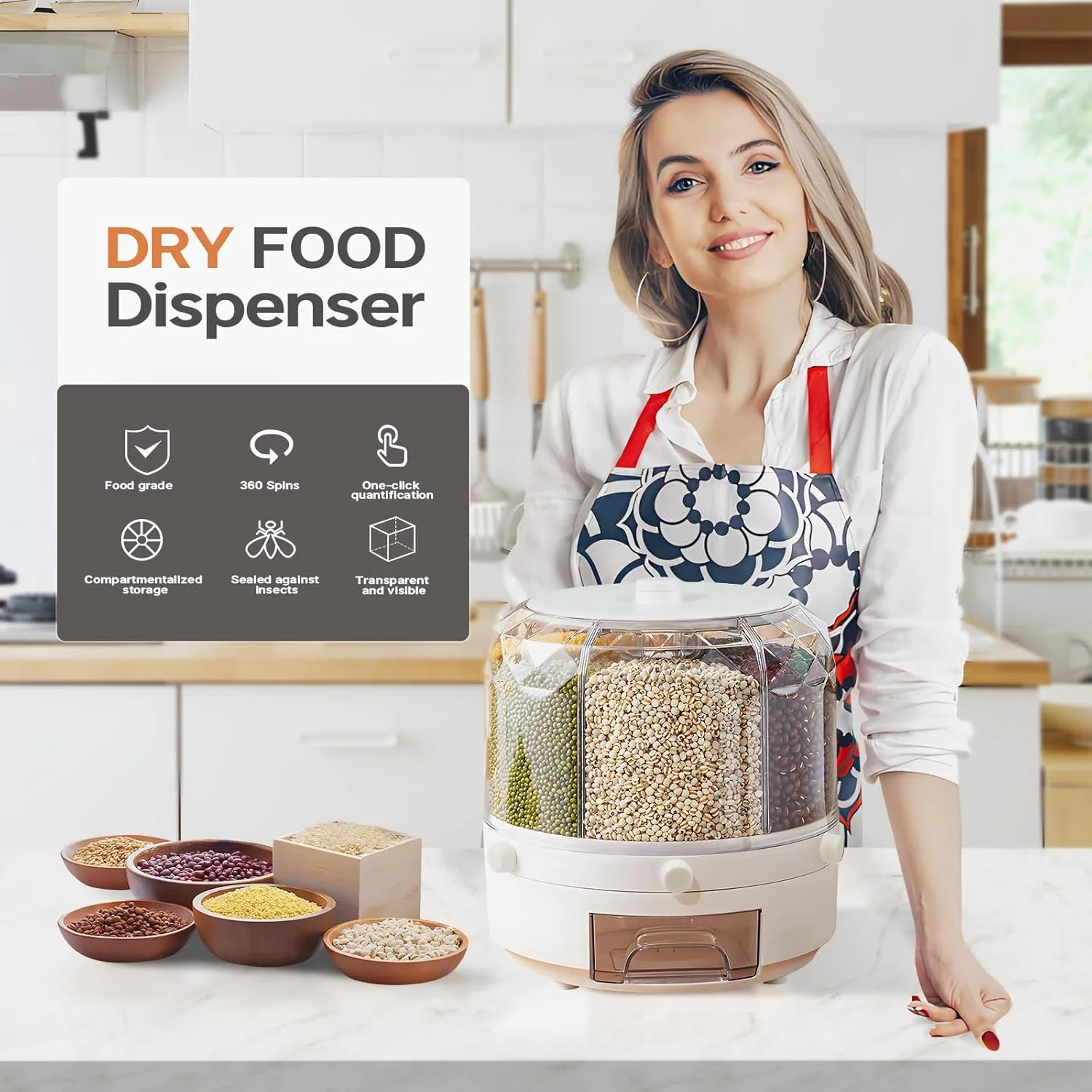 ظرف غلات چرخشی 360 درجه Excefore با 6 محفظه، سفید، سبک مینیمالیستی، پخش کننده چرخشی مواد غذایی خشک برای غلات، برنج، عدس، لوبیا کوچک، جو، ارزن ظرف غلات چرخشی 360 درجه Excefore با 6 محفظه، سفید، سبک مینیمالیستی، پخش کننده چرخشی مواد غذایی خشک برای غلات، برنج، عدس، لوبیا کوچک، جو، ارزن