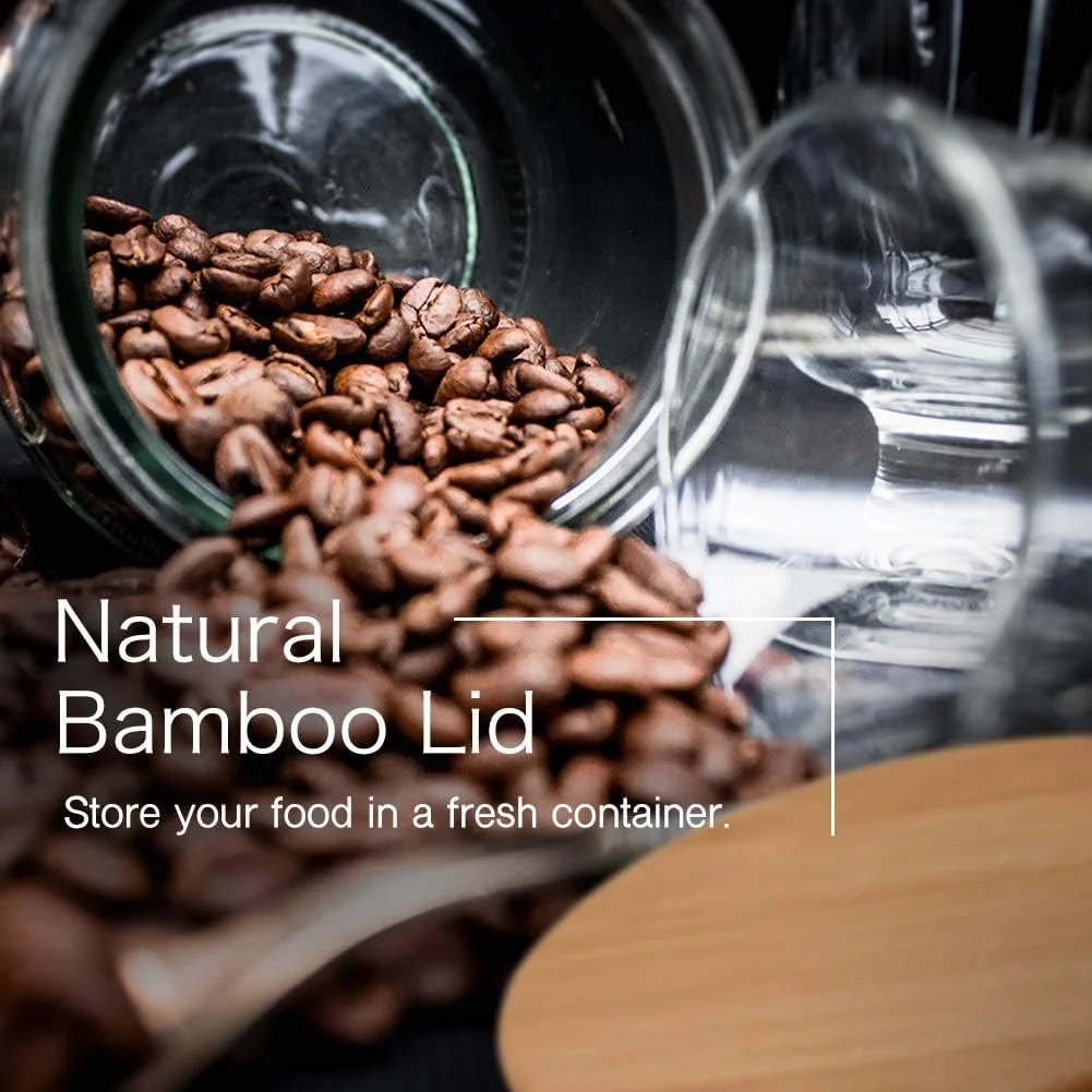 ست 5 تکه ظروف شیشه ای شفاف EZOWare با درب بامبو طبیعی، ظروف نگهداری مواد غذایی آشپزخانه برای آبنبات، کلوچه، برنج، شکر، آرد، پاستا - 600 میلی لیتر / 1400 میلی لیتر / 2100 میلی لیتر
