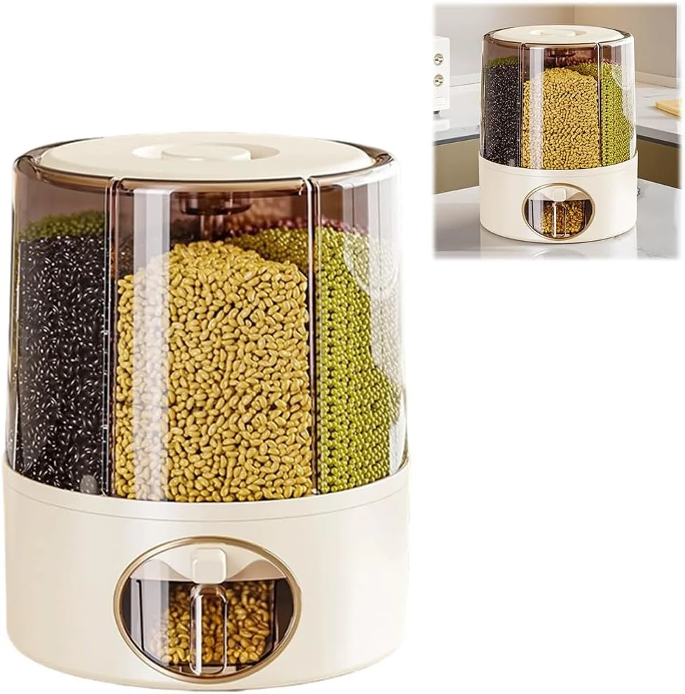 HASTHIP® Grain Dispenser,360 Rotating 6 Compartment with Lid,One-Click Output rice Storage Round (9.25×9.25×11.02in)-Beige HASTHIP® Grain Dispenser,360 Rotating 6 Compartment with Lid,One-Click Output rice Storage Round (9.25×9.25×11.02in)-Beige