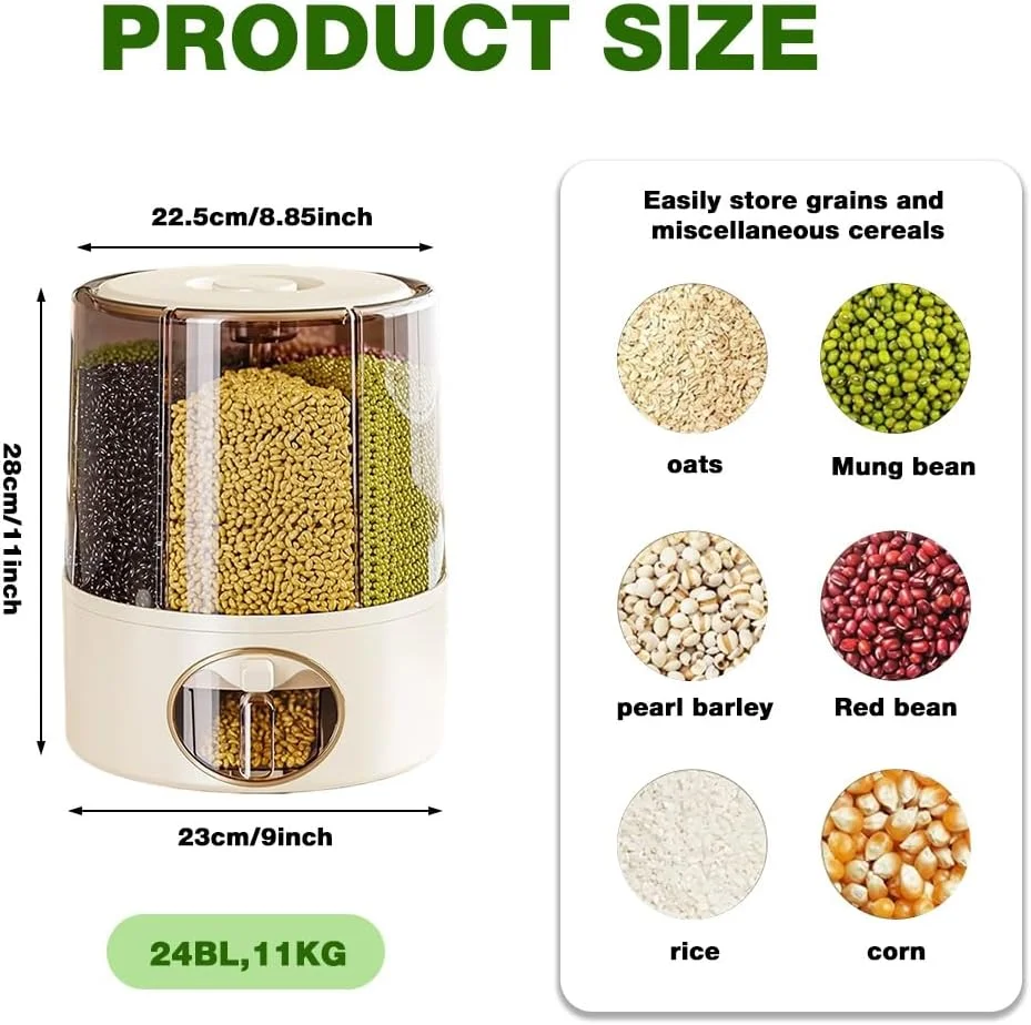 HASTHIP® Grain Dispenser,360 Rotating 6 Compartment with Lid,One-Click Output rice Storage Round (9.25×9.25×11.02in)-Beige HASTHIP® Grain Dispenser,360 Rotating 6 Compartment with Lid,One-Click Output rice Storage Round (9.25×9.25×11.02in)-Beige