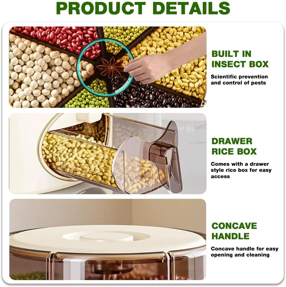 HASTHIP® Grain Dispenser,360 Rotating 6 Compartment with Lid,One-Click Output rice Storage Round (9.25×9.25×11.02in)-Beige HASTHIP® Grain Dispenser,360 Rotating 6 Compartment with Lid,One-Click Output rice Storage Round (9.25×9.25×11.02in)-Beige
