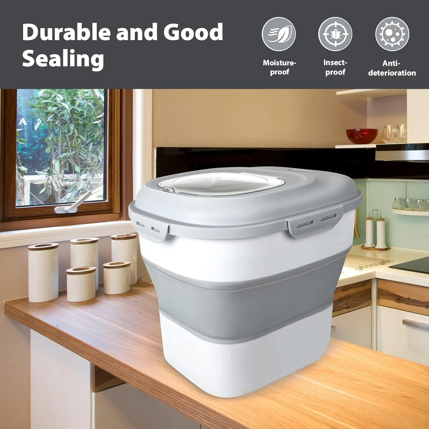 ظرف برنج HASTHIP® (۲۵ کیلوگرمی) ظرف نگهداری برنج دربسته با پیمانه اندازه گیری - مخزن توزیع برنج، سازمان دهنده ضد رطوبت برای غلات، حبوبات و غذای حیوانات خانگی - خاکستری ظرف برنج HASTHIP® (۲۵ کیلوگرمی) ظرف نگهداری برنج دربسته با پیمانه اندازه گیری - مخزن توزیع برنج، سازمان دهنده ضد رطوبت برای غلات، حبوبات و غذای حیوانات خانگی - خاکستری