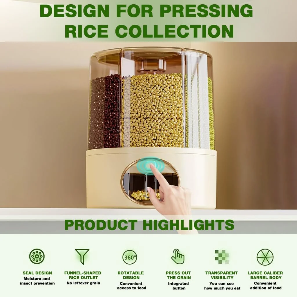 HASTHIP® Grain Dispenser,360 Rotating 6 Compartment with Lid,One-Click Output rice Storage Round (9.25×9.25×11.02in)-Beige HASTHIP® Grain Dispenser,360 Rotating 6 Compartment with Lid,One-Click Output rice Storage Round (9.25×9.25×11.02in)-Beige