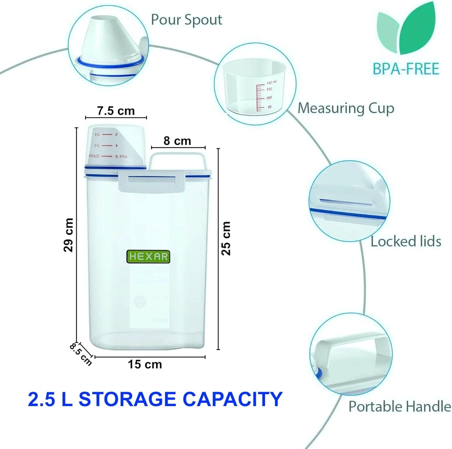 ظروف نگهداری برنج، حبوبات، غلات و مواد غذایی خشک 2.5 لیتری HEXAR با پیمانه اندازه گیری، سازمان دهنده آشپزخانه دربسته، جعبه نگهداری مواد غذایی شفاف چند منظوره - ظرف بدون BPA با درب های قفل دار (2 عدد)