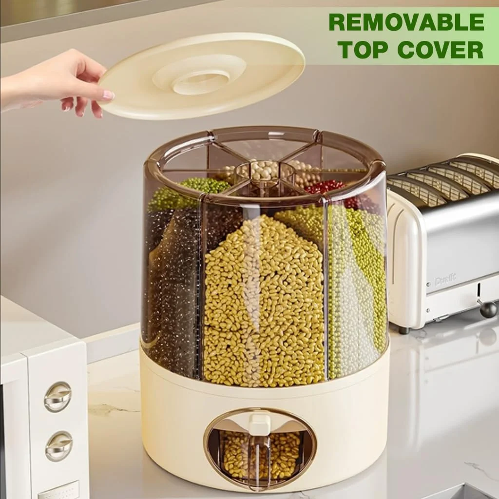 HASTHIP® Grain Dispenser,360 Rotating 6 Compartment with Lid,One-Click Output rice Storage Round (9.25×9.25×11.02in)-Beige HASTHIP® Grain Dispenser,360 Rotating 6 Compartment with Lid,One-Click Output rice Storage Round (9.25×9.25×11.02in)-Beige