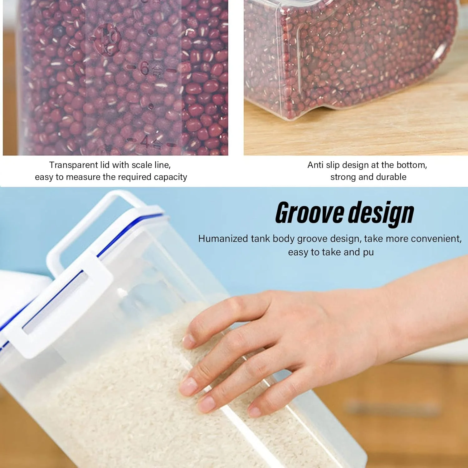 ظرف نگهداری برنج Jiawu، ظروف غلات پلاستیکی ضخیم شفاف با دهانه خروجی، طراحی دسته قابل حمل، ظرفیت 2.5 لیتر برای حبوبات برنج، غلات و مواد غذایی خشک کوچک