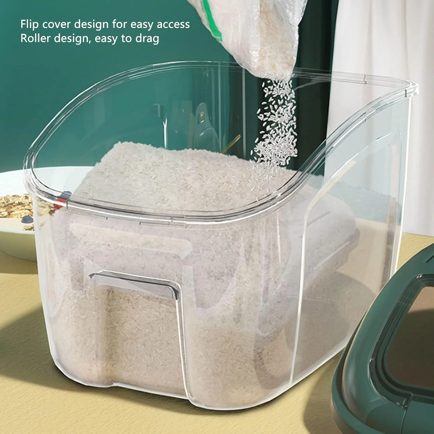 ظرف نگهداری برنج Jiawu، ظرف بزرگ نگهداری غلات با پیمانه و چرخ، ظرف نگهداری برنج، غذای خشک غلات برای خانه، آشپزخانه، انبار، دانه سویا، ذرت (ظرفیت 10 کیلوگرم/22.0 پوند)