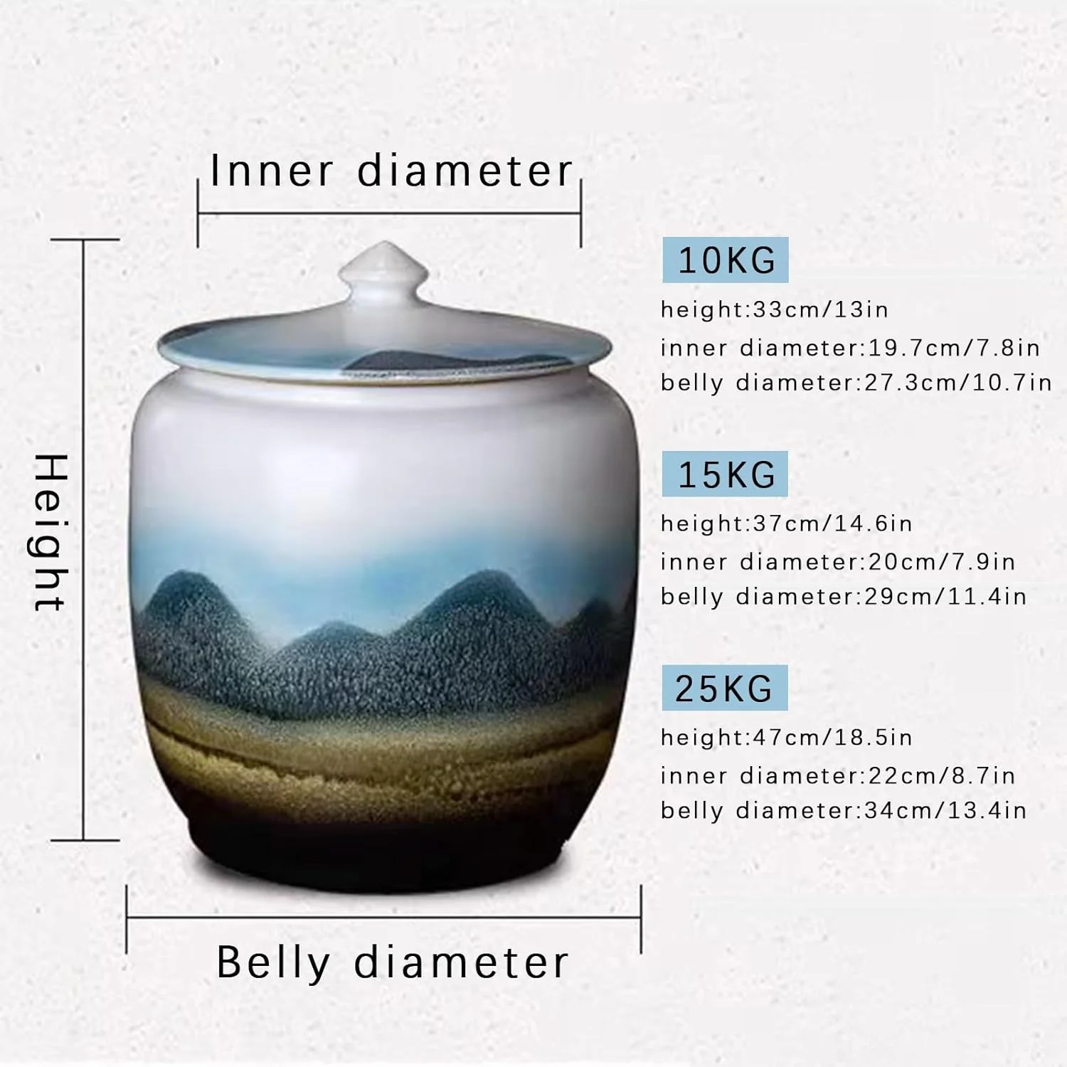 ظرف برنج سرامیکی، مخزن برنج، ظرف نگهداری برنج، ظرف نگهداری مواد غذایی، ظروف سرامیکی درب دار برای مواد غذایی، مناسب برای غلات، آرد، شکر، برنج (25 کیلوگرم)