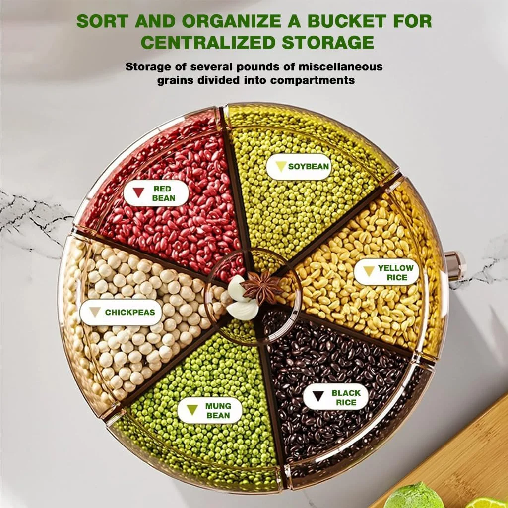 HASTHIP® Grain Dispenser,360 Rotating 6 Compartment with Lid,One-Click Output rice Storage Round (9.25×9.25×11.02in)-Beige HASTHIP® Grain Dispenser,360 Rotating 6 Compartment with Lid,One-Click Output rice Storage Round (9.25×9.25×11.02in)-Beige
