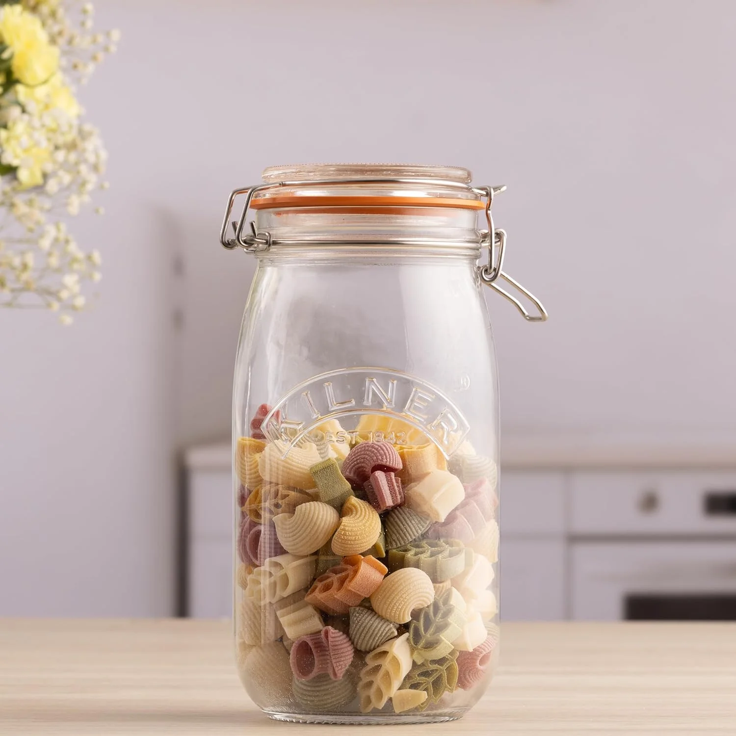 شیشه درب کلیپسی Kilner با ظرفیت 1.5 لیتر (1500 میلی لیتر) - شیشه نگهداری دربسته برای نگهداری میوه ها، سبزیجات، قهوه، چای، برنج، آرد، آجیل و پاستا