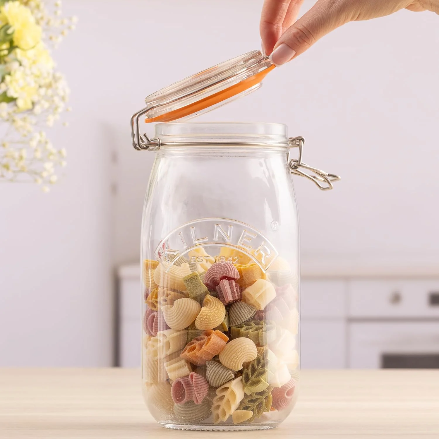 شیشه درب کلیپسی Kilner با ظرفیت 1.5 لیتر (1500 میلی لیتر) - شیشه نگهداری دربسته برای نگهداری میوه ها، سبزیجات، قهوه، چای، برنج، آرد، آجیل و پاستا