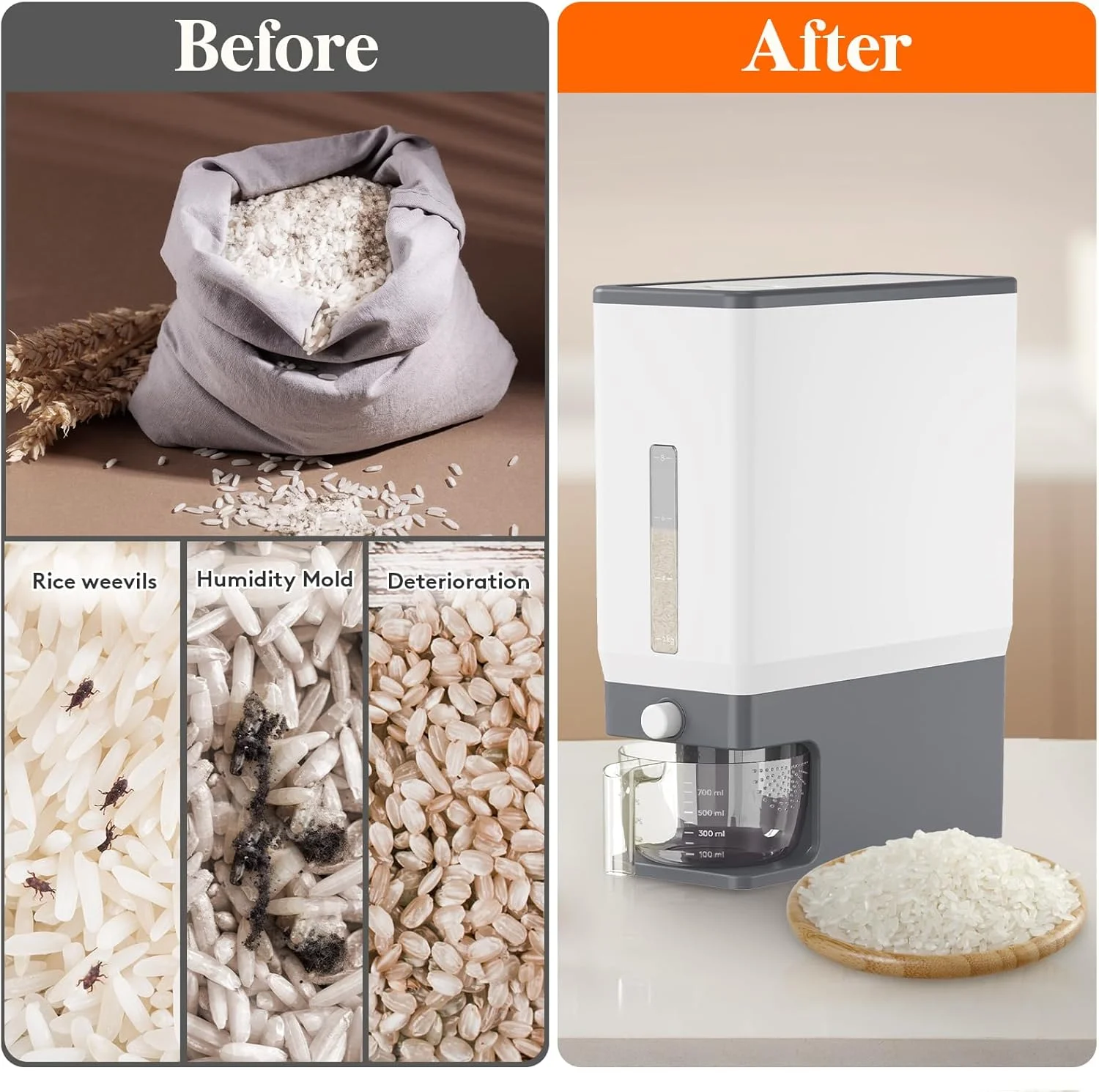 ظرف نگهداری برنج Lifewit با ظرفیت 11.3 کیلوگرم، محفظه نگهداری برنج ضد رطوبت و مهر و موم شده به همراه پیمانه اندازه گیری برای آشپزخانه و انبار مواد غذایی، فاقد BPA