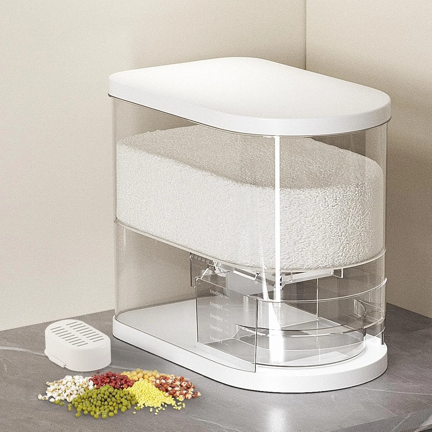 ظرف بزرگ نگهداری برنج 6 کیلویی به همراه پیمانه - ظرف نگهداری حبوبات و غلات ضد رطوبت و هوا برای آشپزخانه، سطل سازمان دهنده مواد غذایی خانگی برای برنج، لوبیا، تنقلات (سفید)